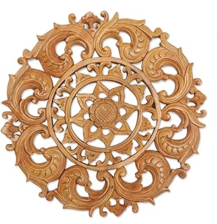 NOVICA Artisan Handcarved Wood Relief Panel Suar Lotus Flower from Bali Brown Indonesia Wall Decor Panels Floral Bohemian Balinese Traditional Carvings [0.8in H x 11.5in Diam.] ' Lotus Heart'