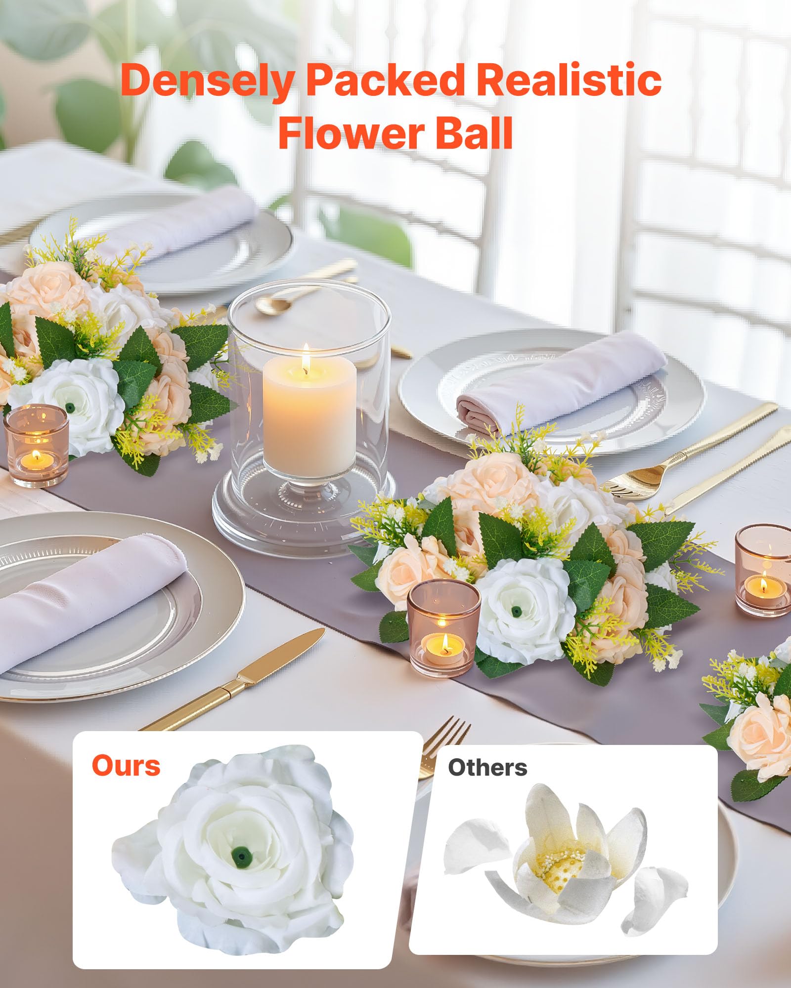 VEVOR Kunstblumen, 10 Stück, 240x240x120 mm, künstliche Blumenkugeln, Seidenrosen, Rosenarrangements für Hochzeiten, Partys, Tischdekorationen und Wohndeko, Champagnerfarbene & weiße Rosen