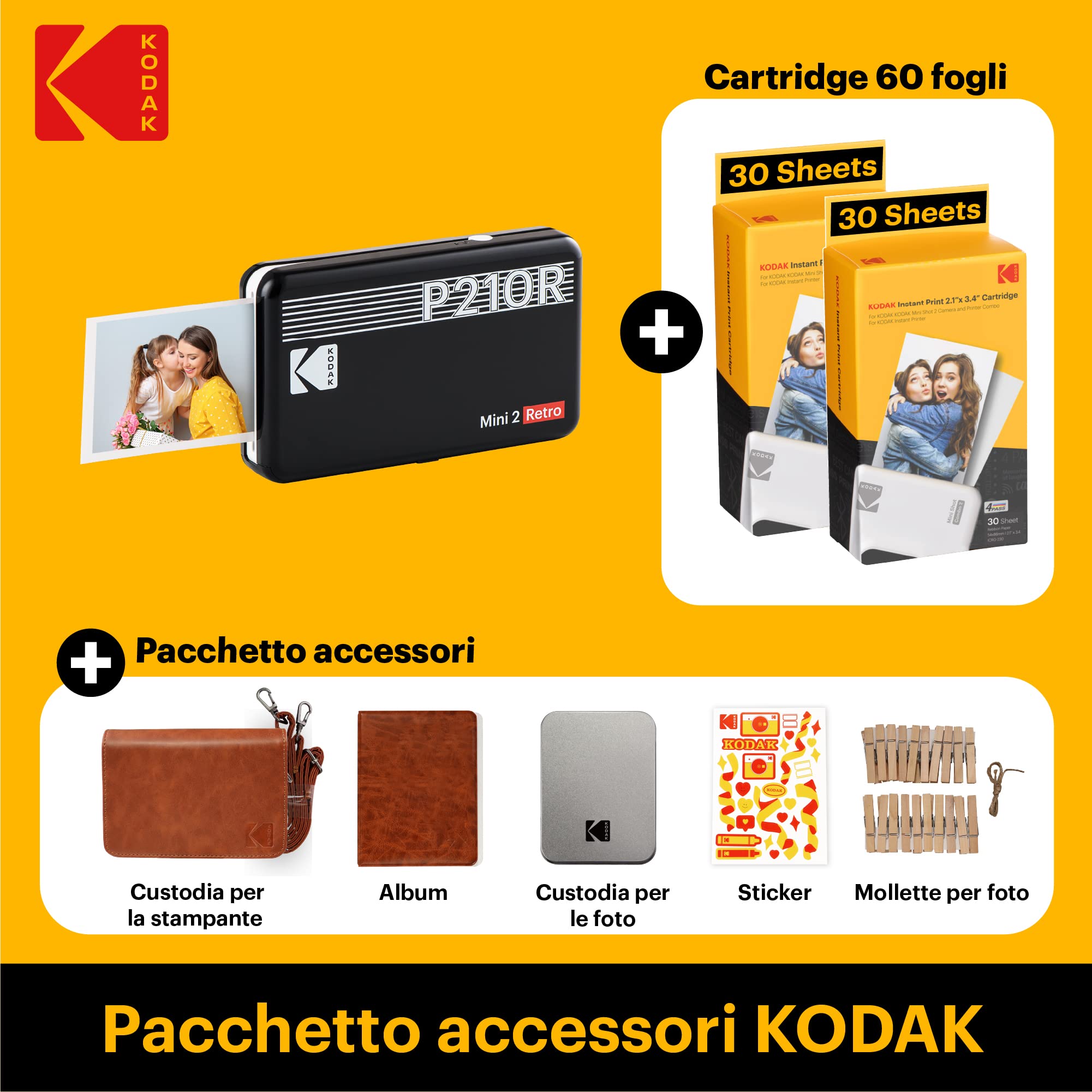KODAK Mini 2 Retro 4PASS Stampante Fotografica Portatile (5,3x8,6cm) + Pacchetto accessori e 68 Fogli, Nero