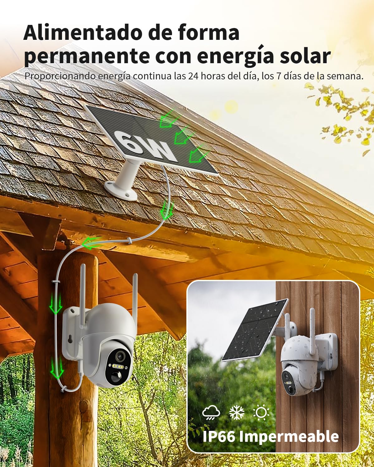 4G LTE Camara Vigilancia Exterior con Panel Solar, 2K 360° PTZ Cámara Vigilancia con Tarjeta SIM, PIR Detección de Movimiento, Visión Nocturna en Color, Audio Bidireccional, IP66 Impermeable