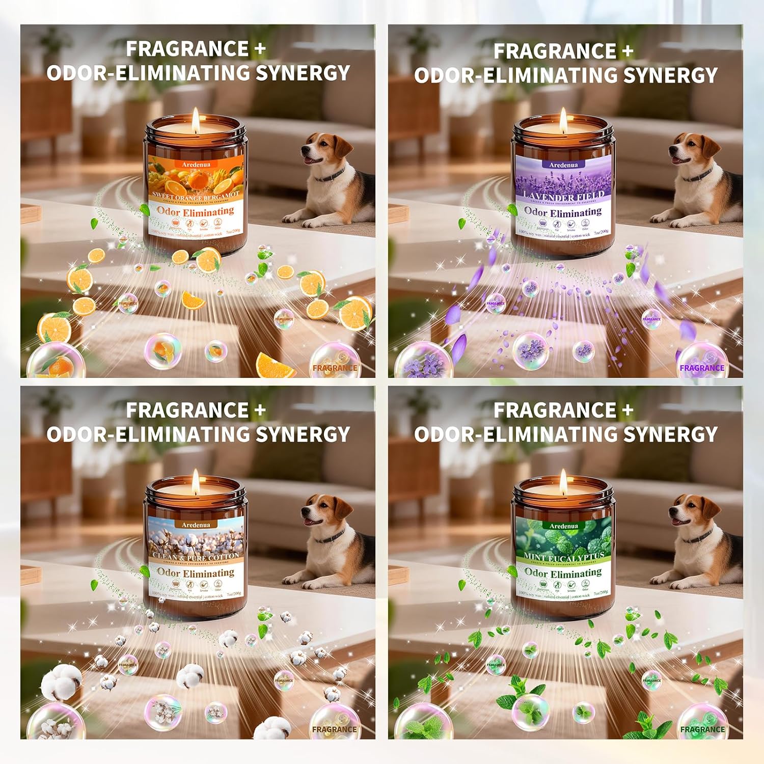 4 Pack Odor Eliminating Candles Set - Eliminates 95% of Pet, Bathroom, Food & Other Smells - Hand Poured Non-Toxic Soy Candle, Air Freshing Scent of Lavender/Orange/Mint/Cotton - Gifts Set for Women - Image 6