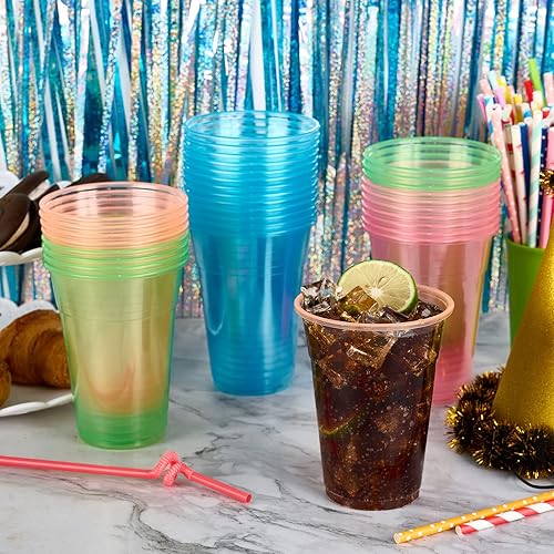 Miniatura 6 de Lilymicky 100 unidades de vasos de plástico de 16 onzas, vasos de fiesta de neón brillante, colores neón surtidos para fiestas, carnavales y