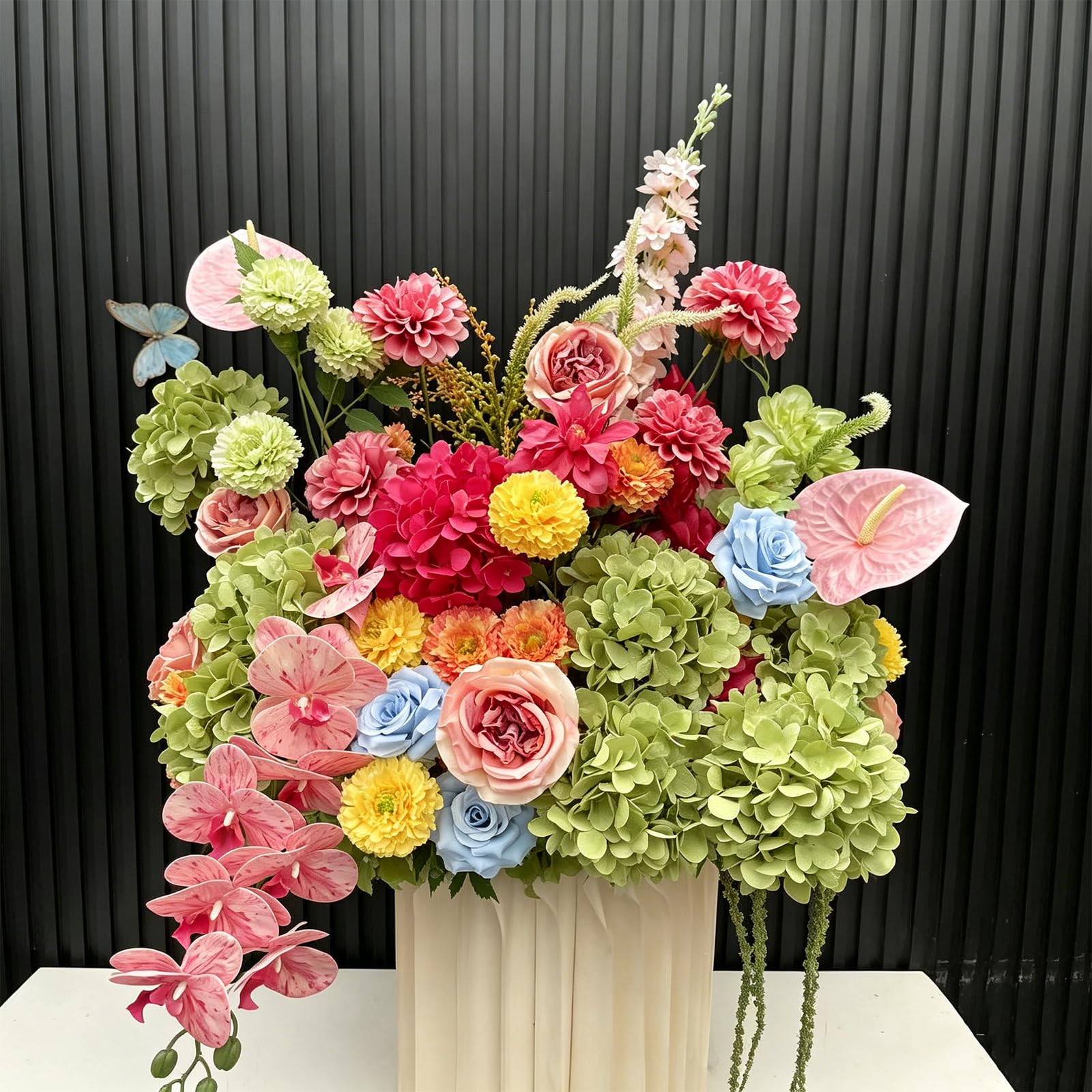 Pink Green Blue Artificial Silk Flowers Arrangement, Fake Floral Bouquet with Anthurium Orchid Rose Hydrangea for Wedding Centerpieces, Bridal Shower, Party, Home Table Spring Decor (Green Red,70cm)