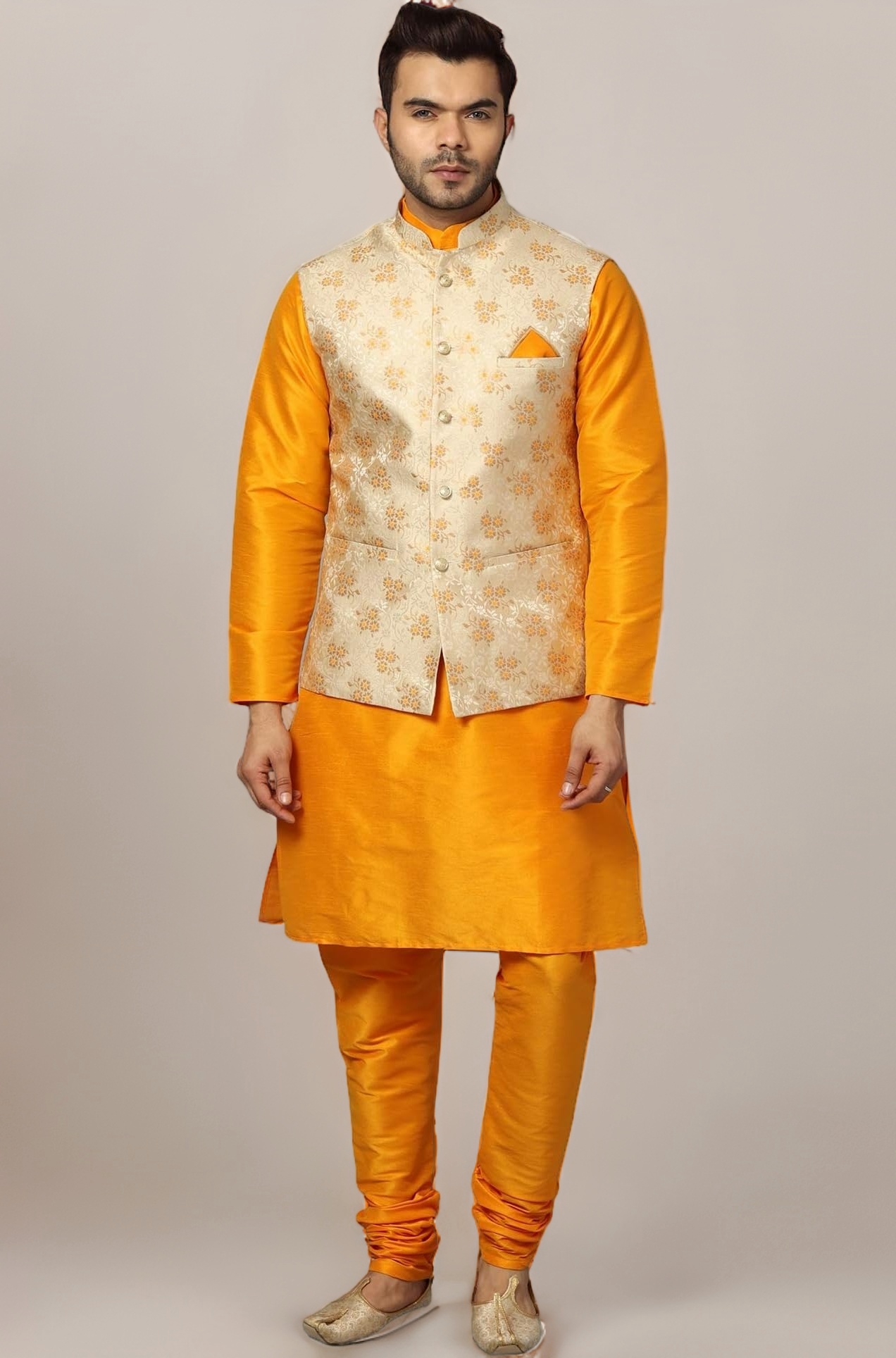 Ethluxis® Men's Silk Blend Kurta Churidar Pyjama with Ethnic Bundi Jacket Set