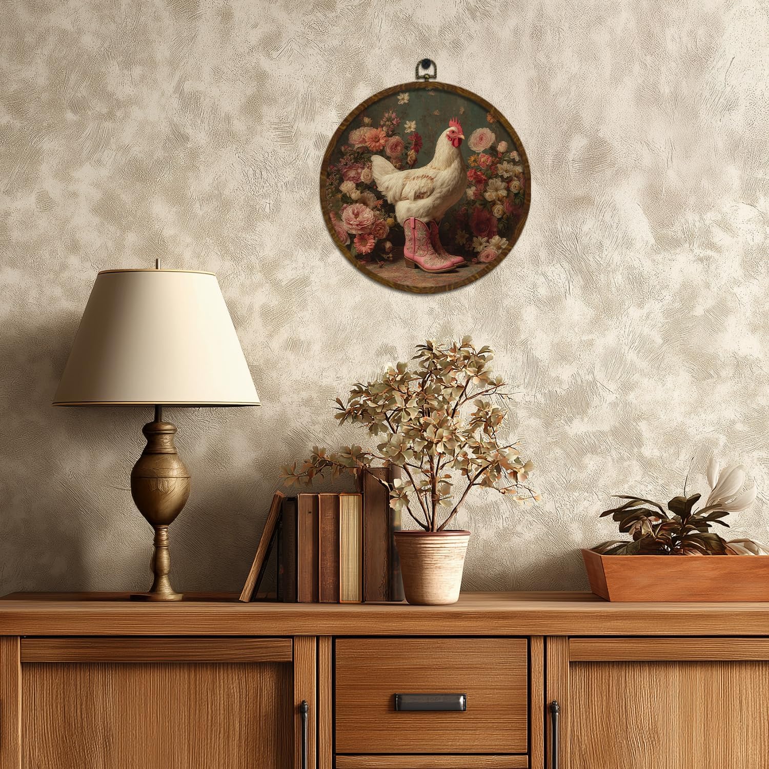 KLYTINK Whimsical Chicken Round Wall Art,Retro Floral Canvas Hanging Decor with Pink Cowboy Boots, Funny Farmhouse Animal Print for Kitchen, Entryway or Gift 10x10in (BY0636) image 4
