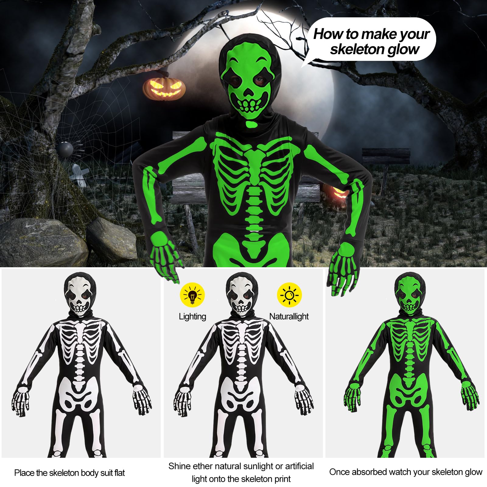 BITOWO Skeleton Costume Kids Boys Girls 3-4 Glow In The Dark with Light up Skull Figure Glove Mask Pumpkin Bag Scary Halloween Skeleton Costume Outfit Onesie Fancy Dress Kids Boys - Image 4