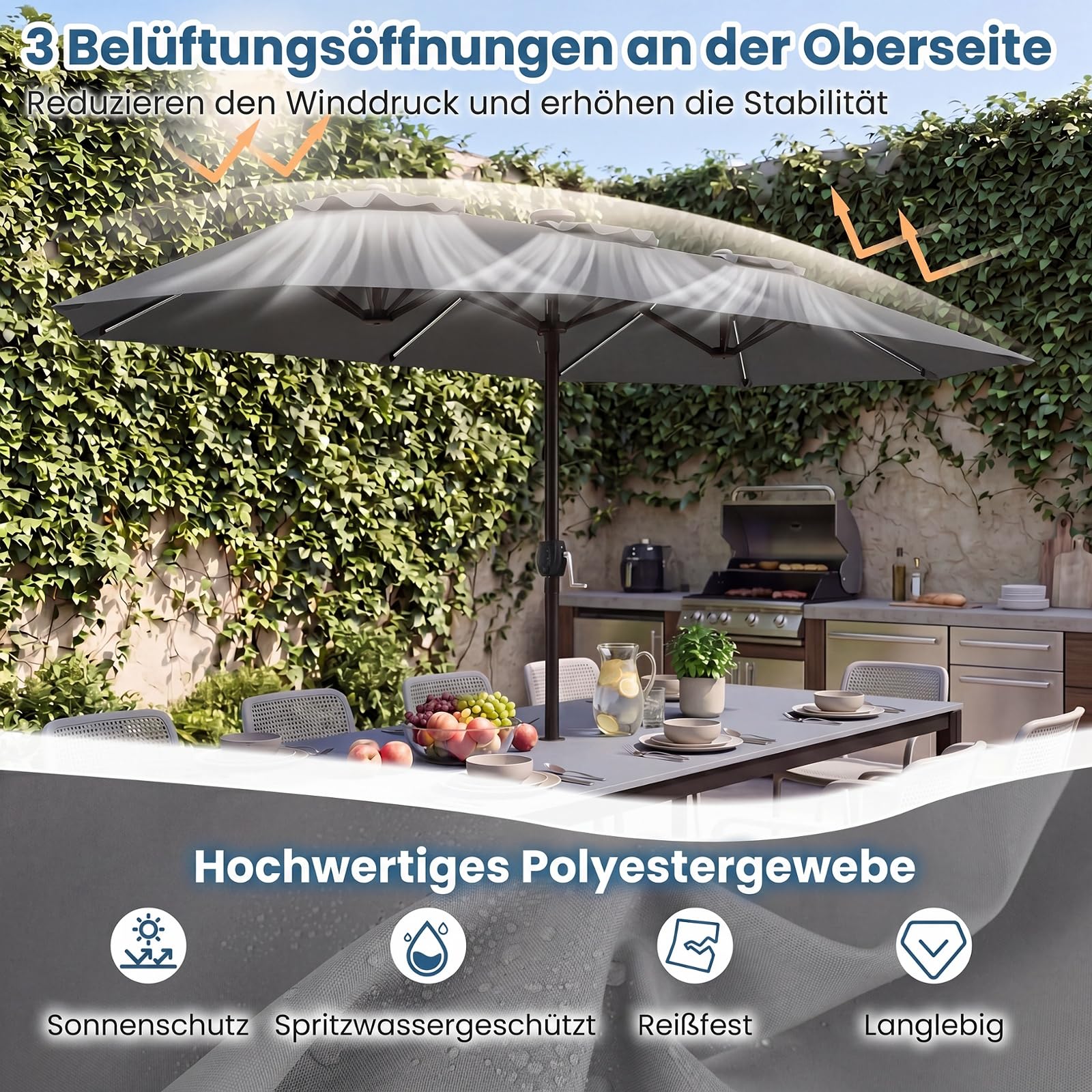 COSTWAY Doppelsonnenschirm 375x200cm, Doppel Sonnenschirm mit LED-Solar-Beleuchtung, 12 Beleuchtungsmodi, 2 Lademöglichkeiten, Gartenschirm mit Kurbel, Terrassenschirm, Marktschirm (Grau)