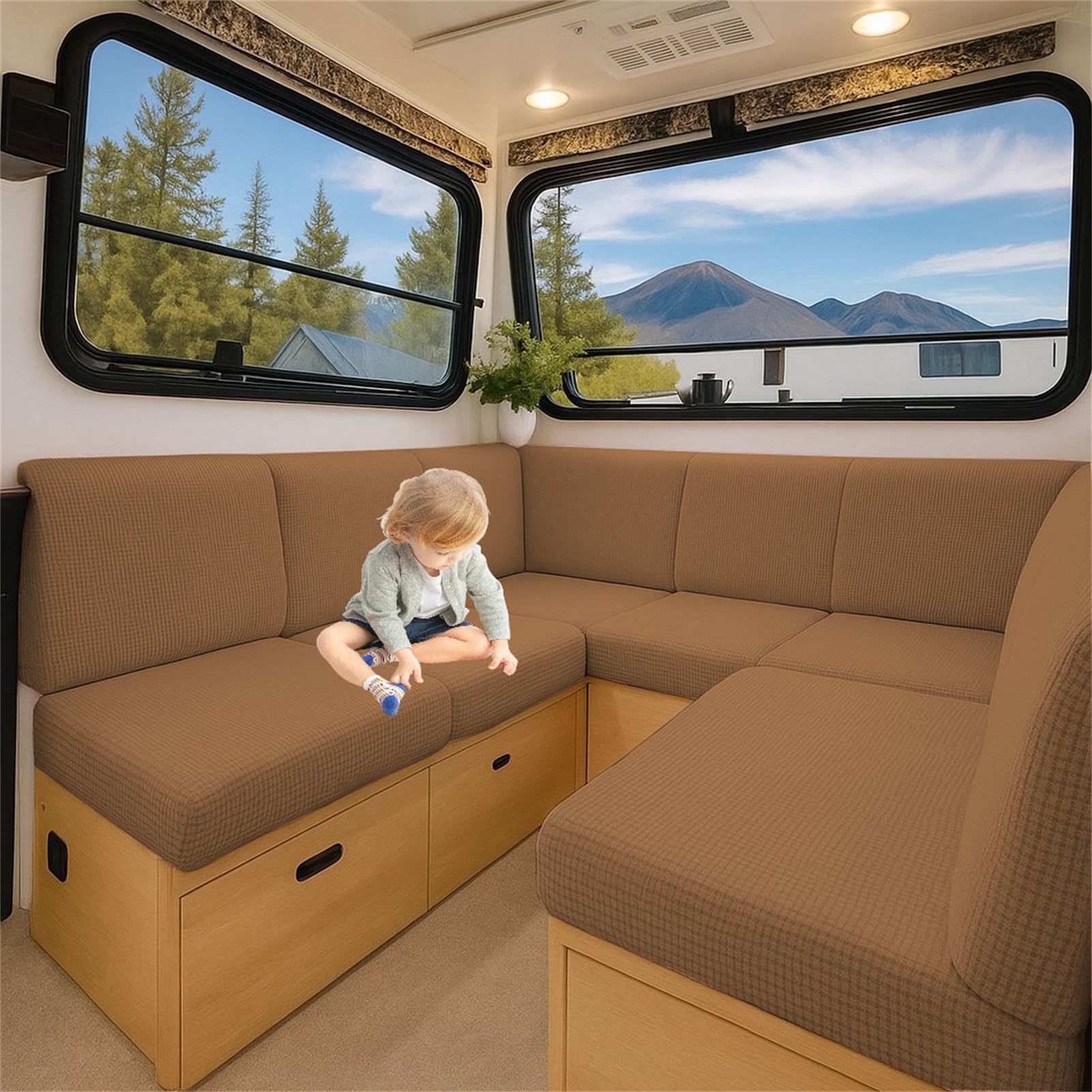 ZGDDPZA Stretch Jacquard RV Caravan Cushion Cover Non-Slip Fit Multi‑Size for Dinette Motorhome, Indoor Seating & Camper Benches (Camel,L 60-90cm W 30-50cm)
