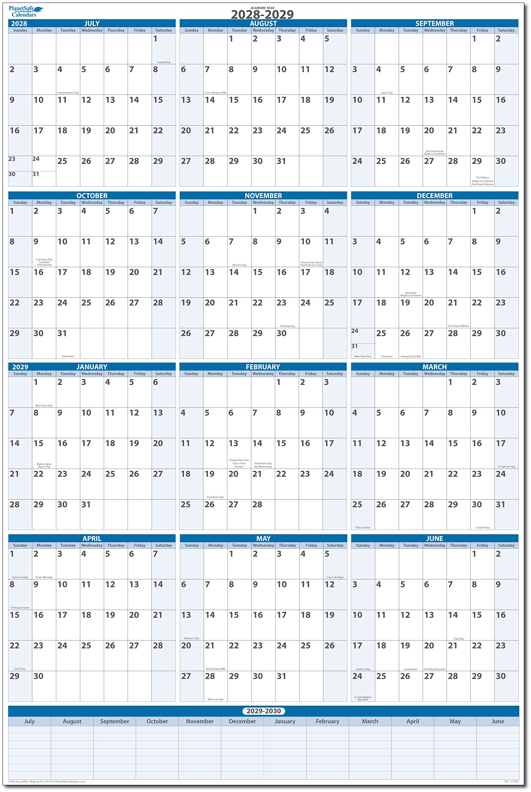 Amazon.com: PlanetSafe Calendars Vertical Sky Blue July 2029 to June 2030  Fiscal/Academic Year 12 Month Wall Calendar 56 x 36- Large Dry & Wet  Erasable with Next Year Planner -Great for Office
