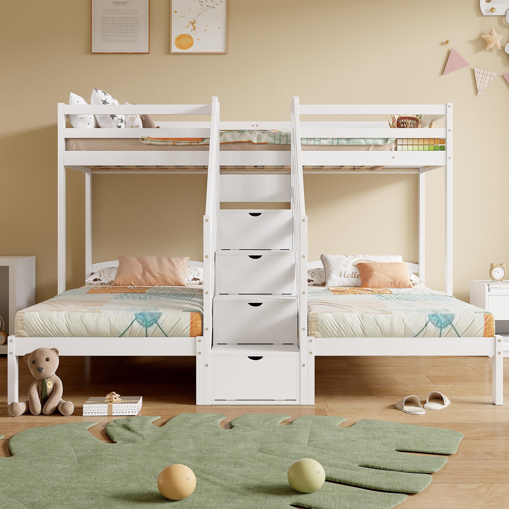 Letto a castello, 90 x 200 cm, con 3 letti, scala sicura con spazio nascosto, letto con protezione anti-caduta e rete a doghe, ideale per una casa con 3 bambini, senza materasso, bianco