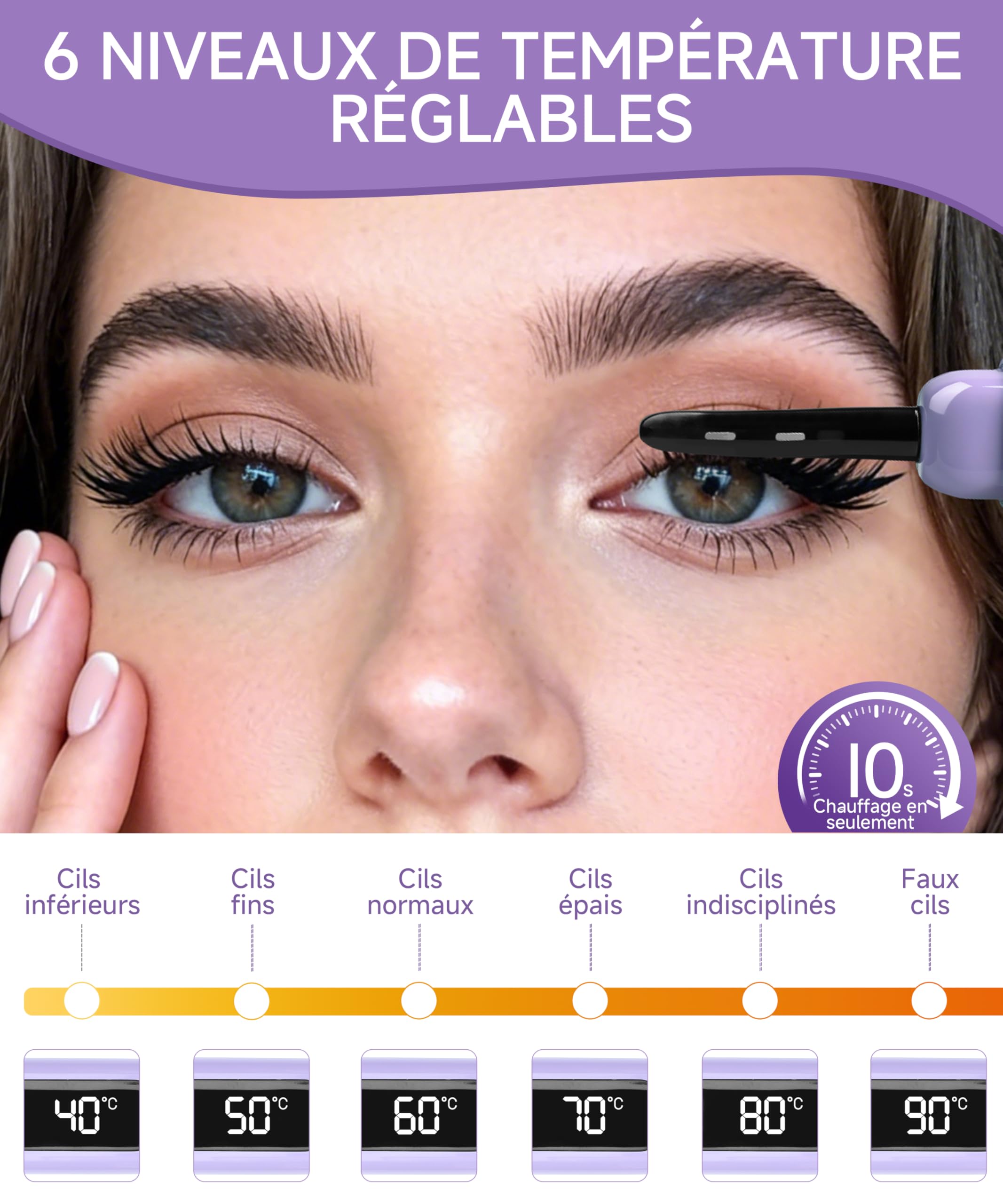 Recourbe-Cils Chauffant S800, LED, 6 Niv, USB-C, Violet/Or Rose | Obtenez une courbure parfaite et durable en 10s grâce à ce recourbe-cils chauffant à 6 températures et rechargeable USB-C.
