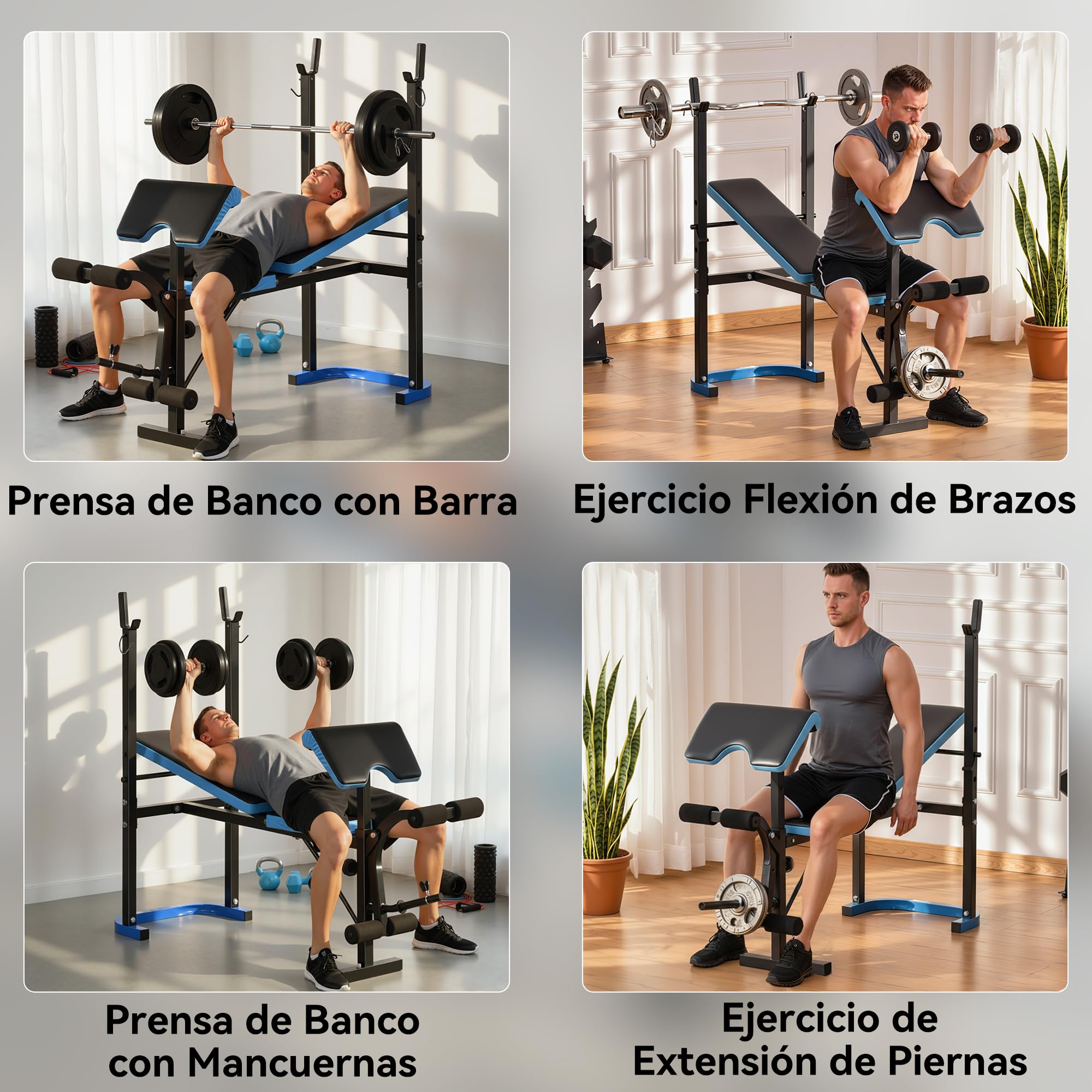 HOMCOM Banco de Musculación Multifuncional Banco de Pesas Negro y Azul | Soporte para Barra, Respaldo Ajustable, Entrenamiento Completos de Cuerpo, Casa Gimnasio