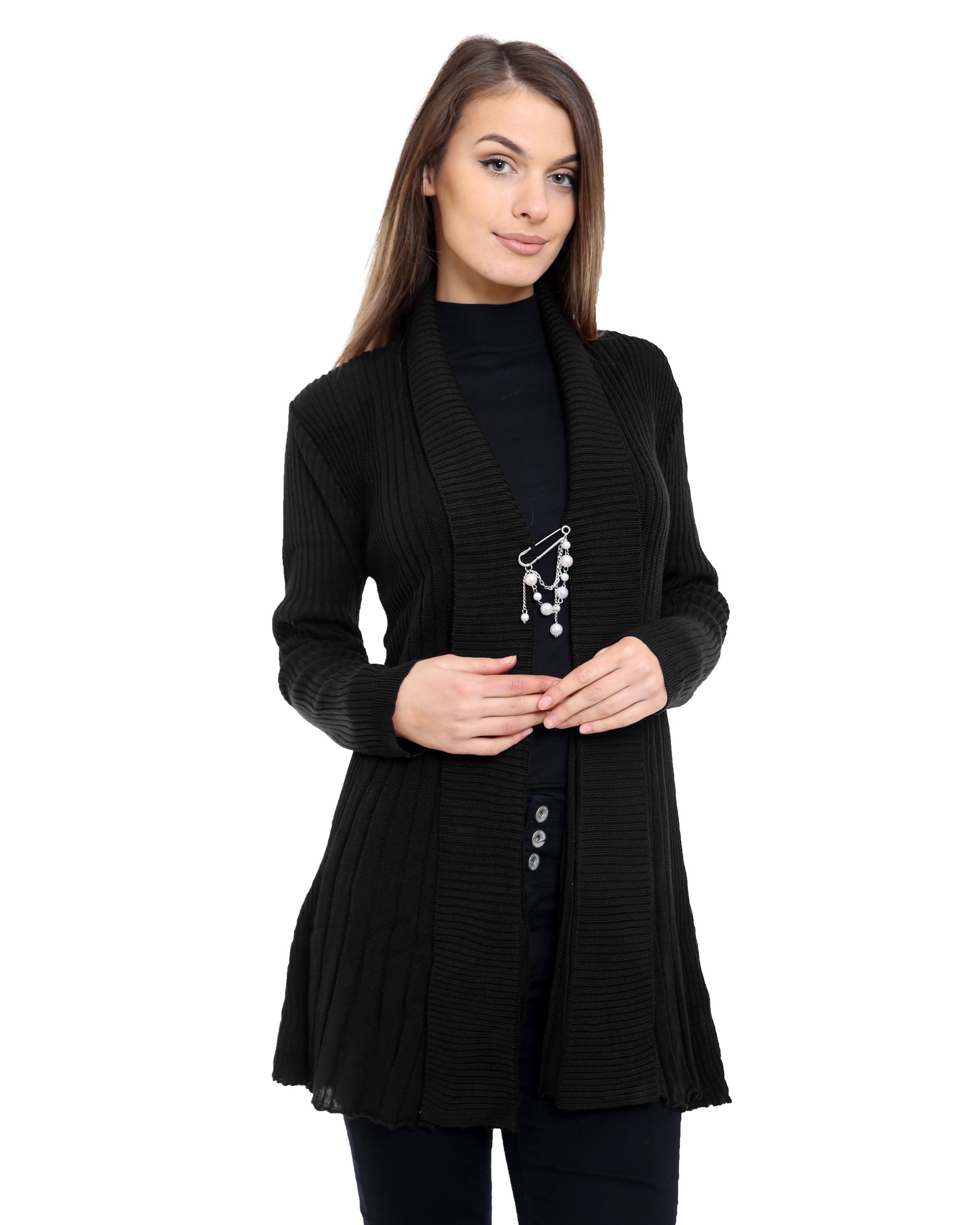 Ladies Womens Knitted Boyfriend Crochet Cardigan Waterfall Brooch Dress TOP 8-14[Black,8]