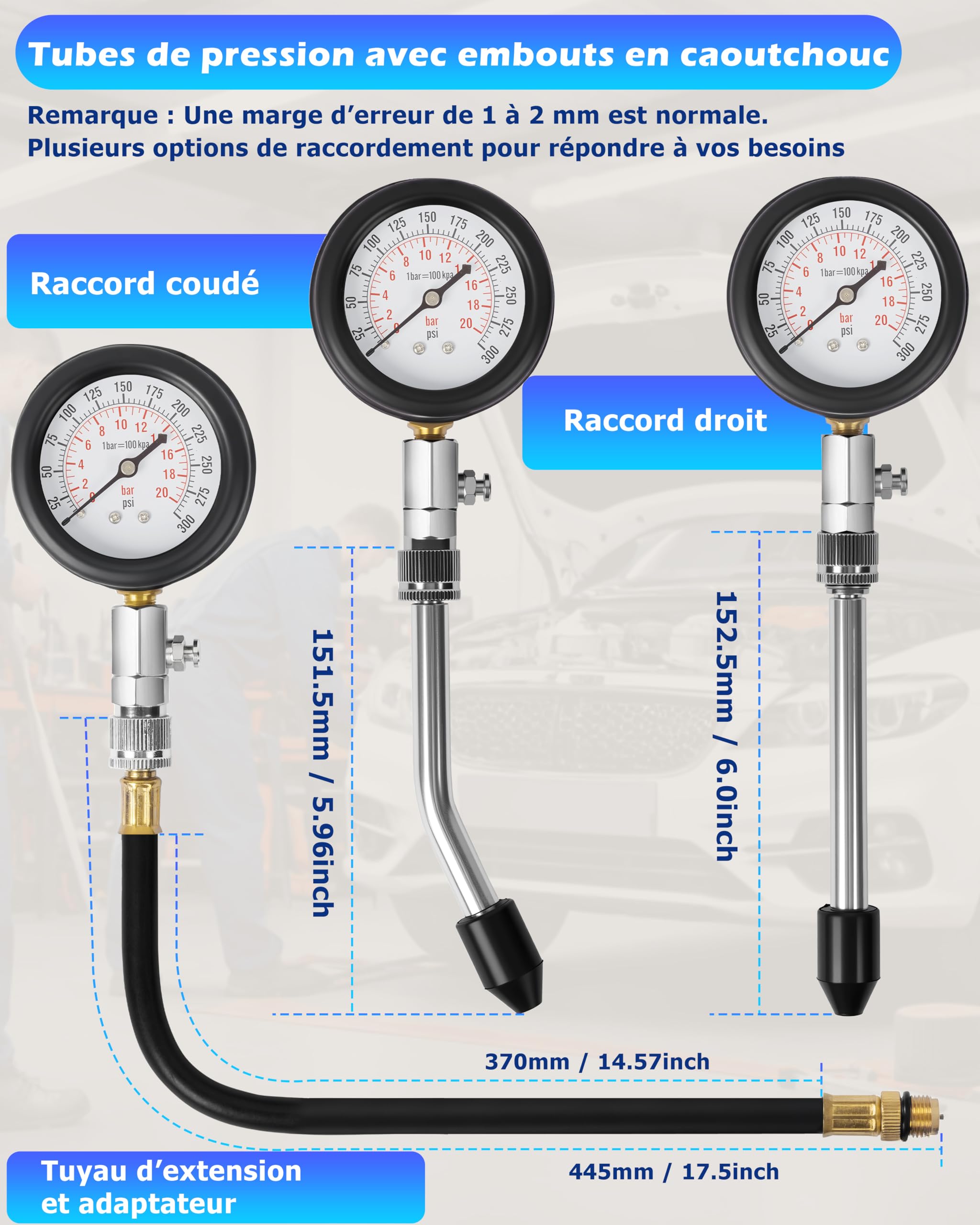 DAYUAN Testeur de Compression, Coffret de compressiomètre Set de compresseur pour Tous Moteurs Deux Kfz M10 M12 M14 M18 0-20 bar & 0-300 psi