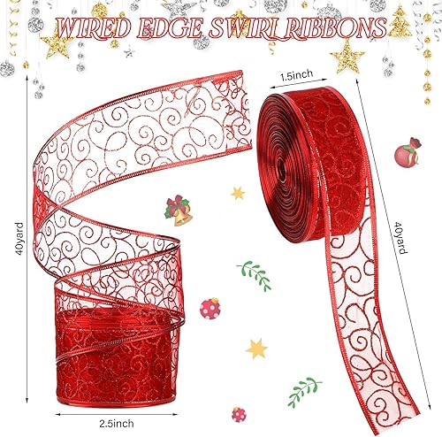 Miniatura 2 de WILLBOND 80 yardas, 2 rollos de cinta navideña con alambre de organza con purpurina para guirnalda de árbol de Navidad, cinta transparente en