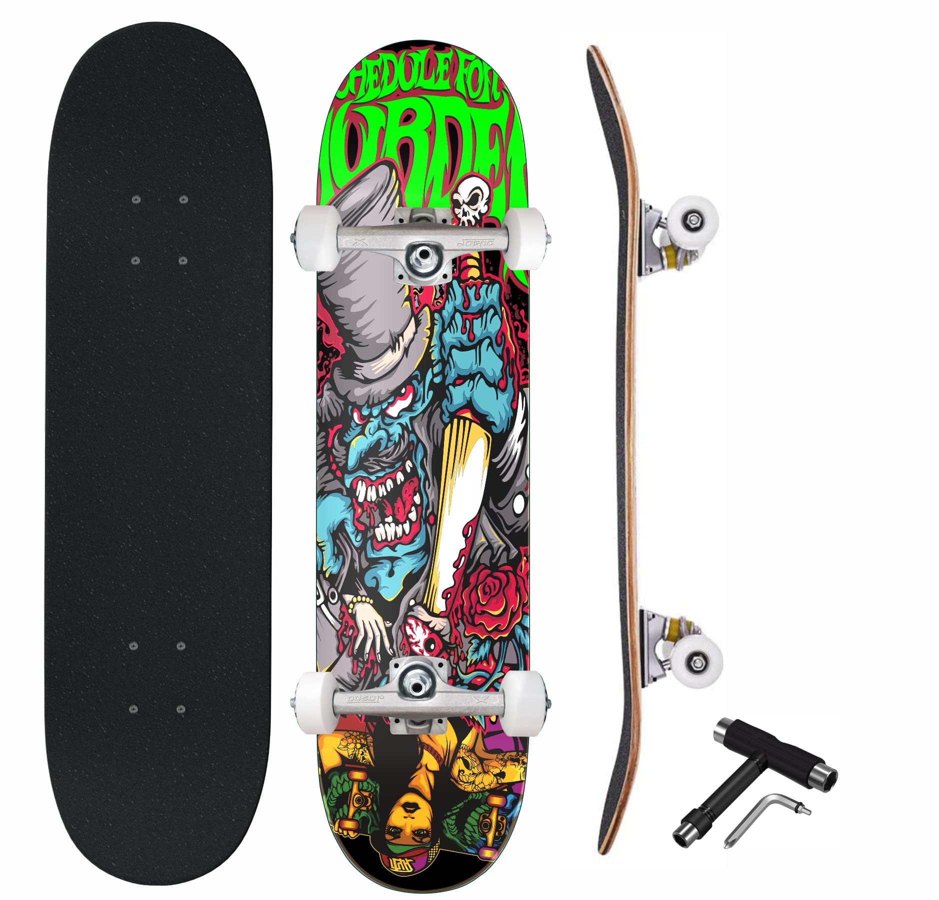 Jaspo Try-Out Practice Indian Maple 31 X 8 Inches with Aluminium Truck Double Kick Concave Design for Beginners Suitable for Age Group Upto 13 Years-Made in India (Killer Clown) Multi