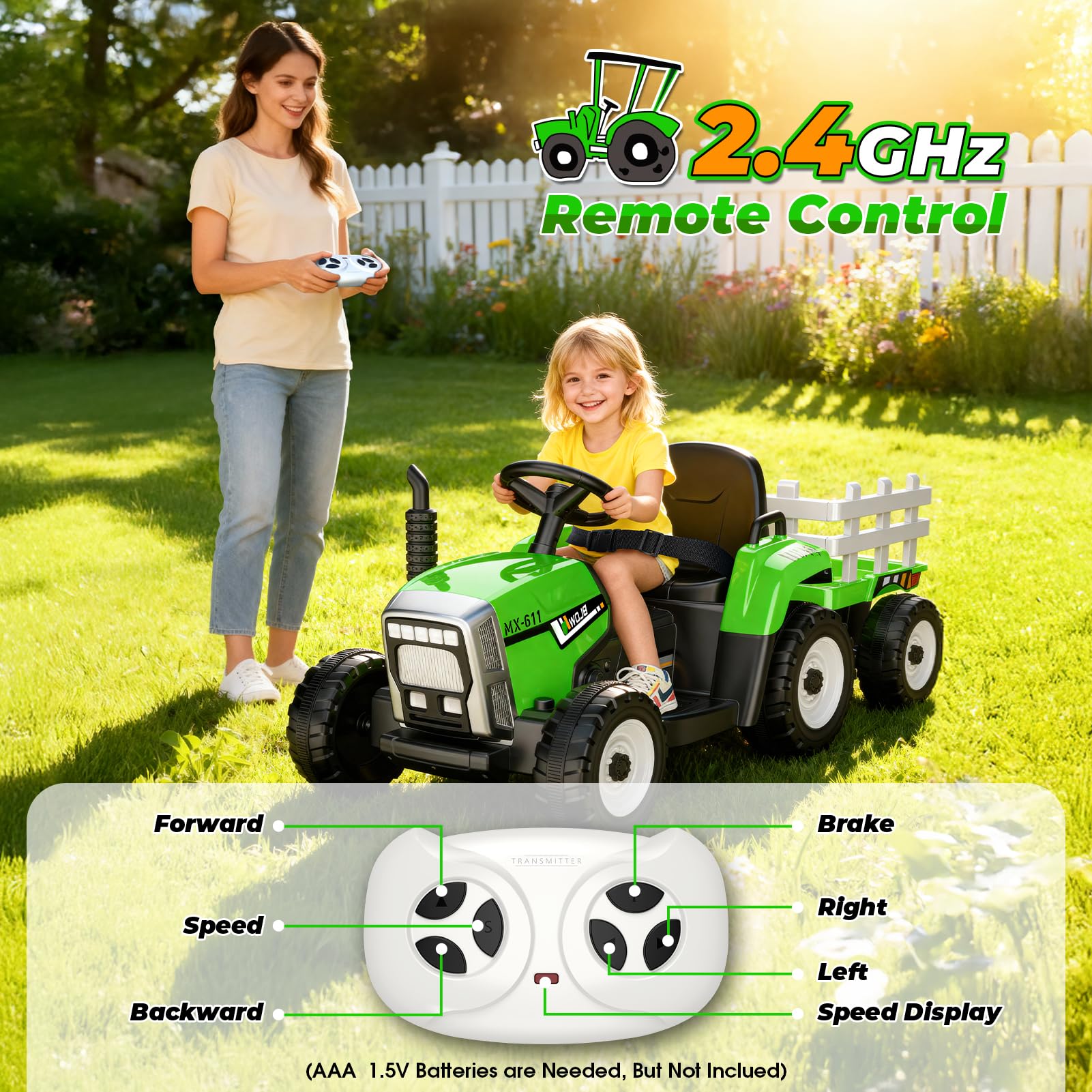 Spielzeug ab 3-7 Jahre: Elektrotraktor mit abnehmbarem Anhänger - Fernsteuerbares Traktor Spielzeug für Kinder von 3-7 Jahren, 12V Kinder-Elektrofahrzeug Rutschauto Geschenk für Kinder ab 3 Jahren