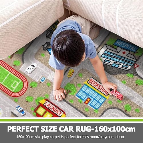 Miniatura 6 de Capslpad Alfombra de juego de coche para niños, 3.3 x 5.2 pies, antideslizante, alfombra de mapa de la vida de la ciudad, alfombra de juegos lavable
