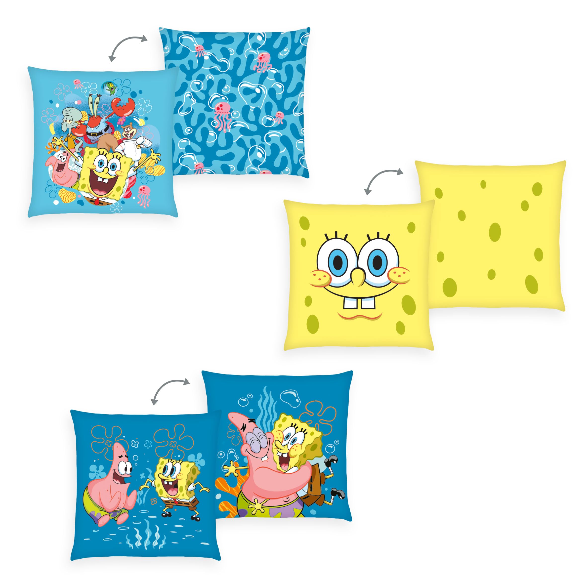 Herding Set di 3 cuscini decorativi, SpongeBob SquarePants, 40 x 40 cm, Per coccole e decorazioni, Poliestere, Multicolore