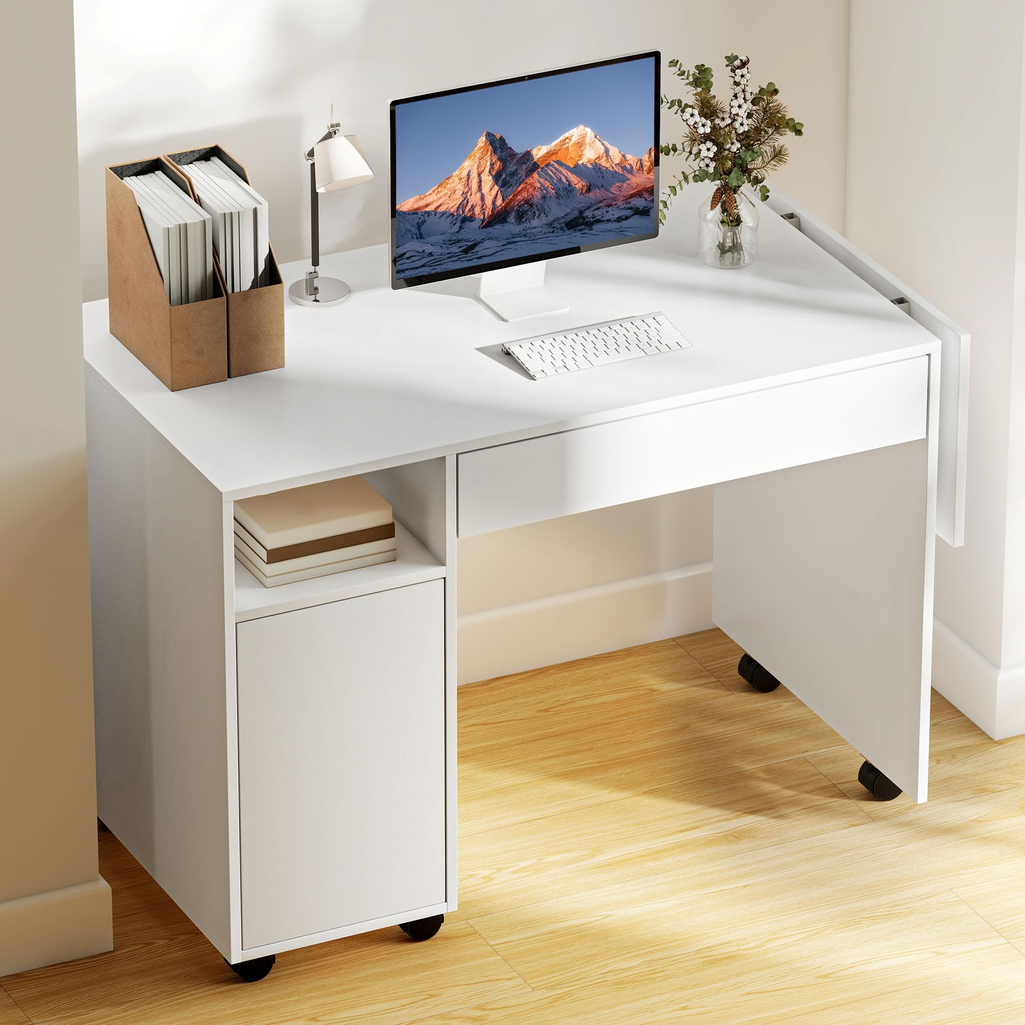 HOMCOM Escritorio Ordenador Plegable móvil sobre Ruedas 130x58cm Blanco | Escritorio con almacenamiento, cajón, estación de trabajo para espacios pequeños, dormitorio, sala de estar