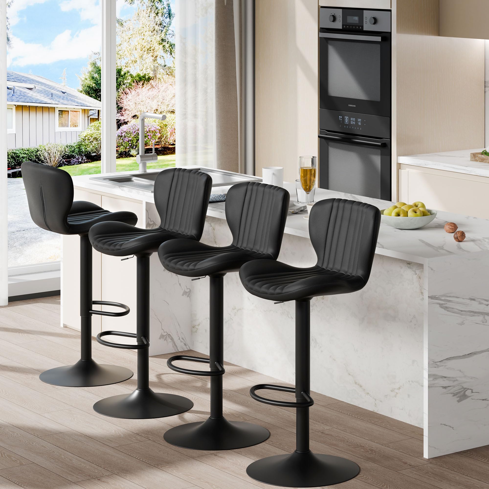 Shintenchi Bar Stools Set of Modern Swivel Bar Chairs, Counter Height Faux Leather Metal Barstools, Upholstered Island Chairs with Back and Footrest