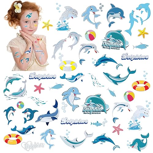 Tatuajes temporales de delfines para niños, más de 100 animales submarinos con purpurina, lindos tatuajes falsos impermeables para niñas y niños,