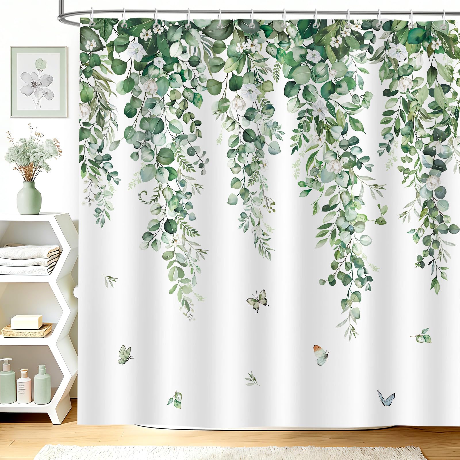 hometrixx Spring Floral Shower Curtain Sage Green Eucalyptus Butterfly Watercolor Leaves Bathroom Polyester Shower Curtains Machine Washable Waterproof Fabric with 12 Hooks, 180 x 200 cm
