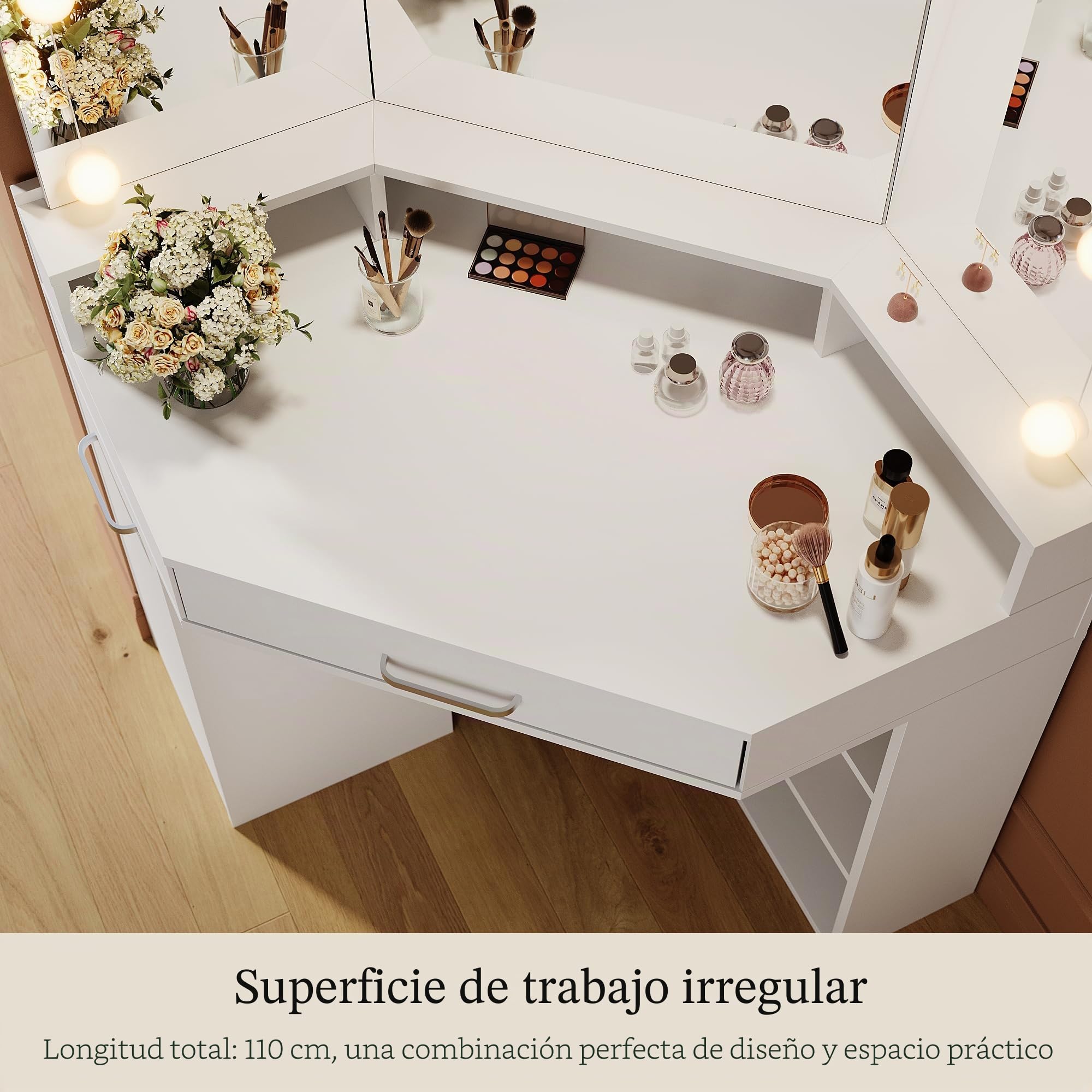 Tocador esquinero con espejo plegable, 110 x 54 x 141,5 cm, iluminación, 3 modos de luz, brillo ajustable, tocador con cajones y compartimento abierto, color blanco