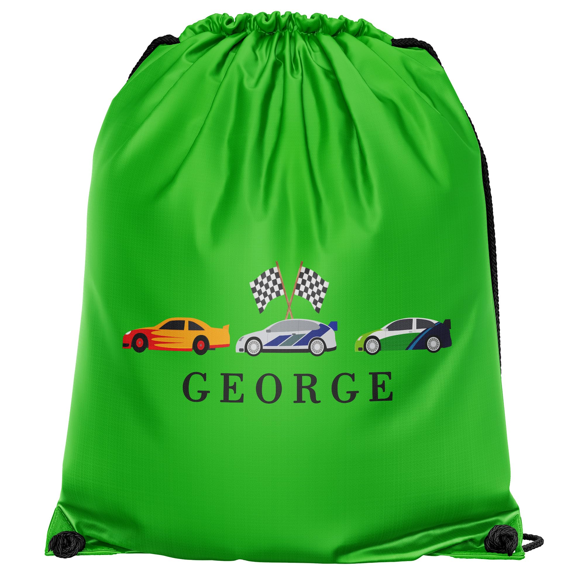 Purple Print House Personalised Boys Drawstring Custom Name Fast Car Design Back To School Gift For Son Infants Primary PE Bag, One Size, Lime Green