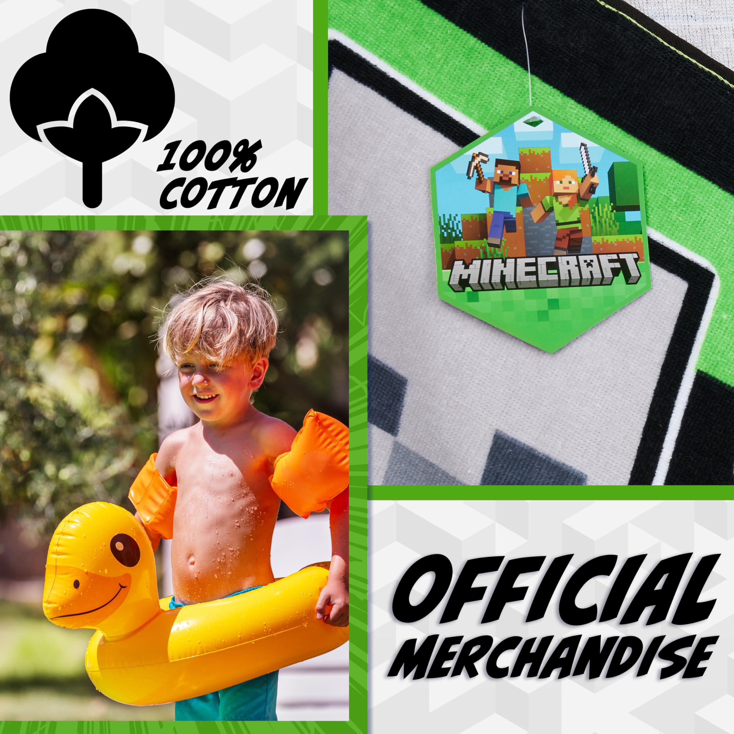 Minecraft Bath Towel with Hood for Kids and Teenagers Changing Robe Absorbent Creeper Poncho Towel for Swimming Bath Shower Beach Holiday Essentials (Green/Black - Image 3