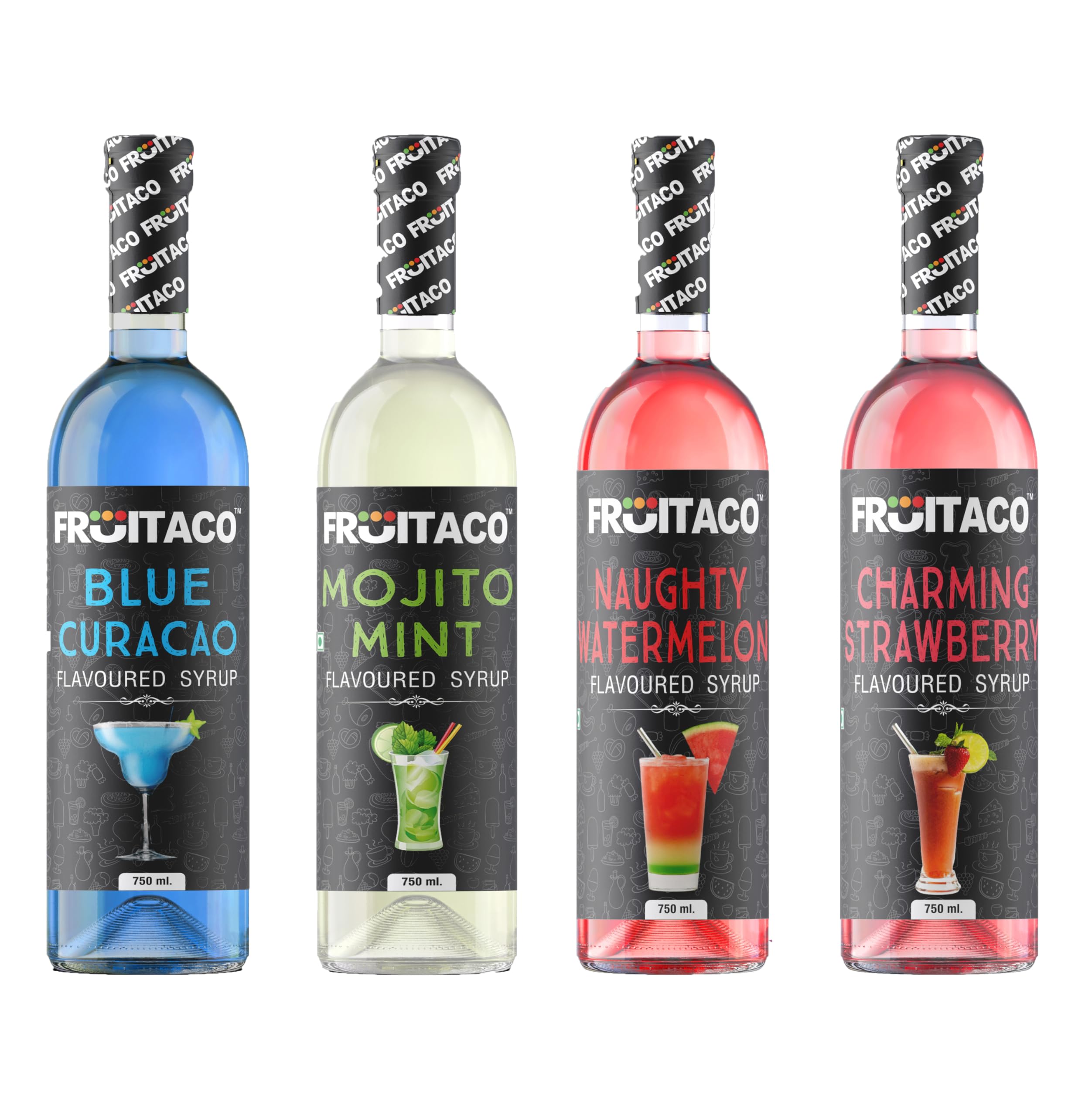 Fruitaco Blue Curacao, Mojito Mint, Strawberry, Watermelon Syrup: Perfect Mixer for Enhancing Mocktails & Cocktails, Drinks, and Mojitos at Parties, All Your Mixing Needs | Non-Alcoholic (Pack of 4)