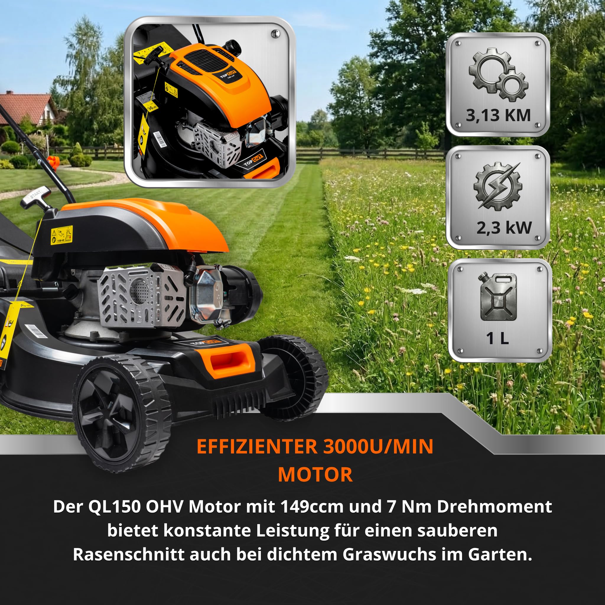 TOP CUT Tosaerba a benzina TC-LS-40-149L, larghezza di taglio 40 cm, leggero e maneggevole, 149 cc, 3000 giri/min, cestino 45 l, 7 Nm, motore QL150 OHV, Easy Start, antiruggine