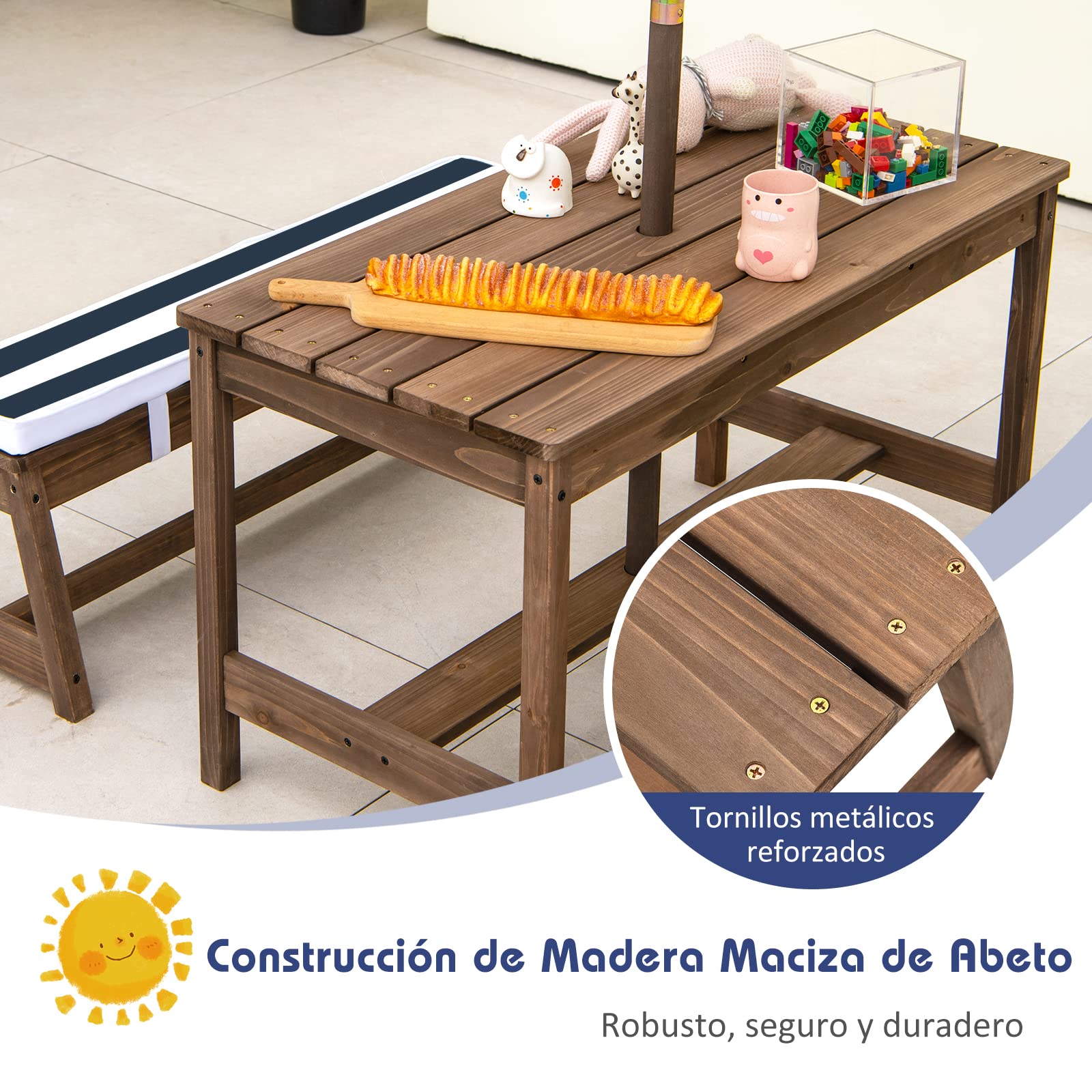 COSTWAY Juego de Mesa y Bancos de Madera con Cojines y Sombrilla, Set para Niños con Sombrilla para Interiores y Exteriores (Azul)