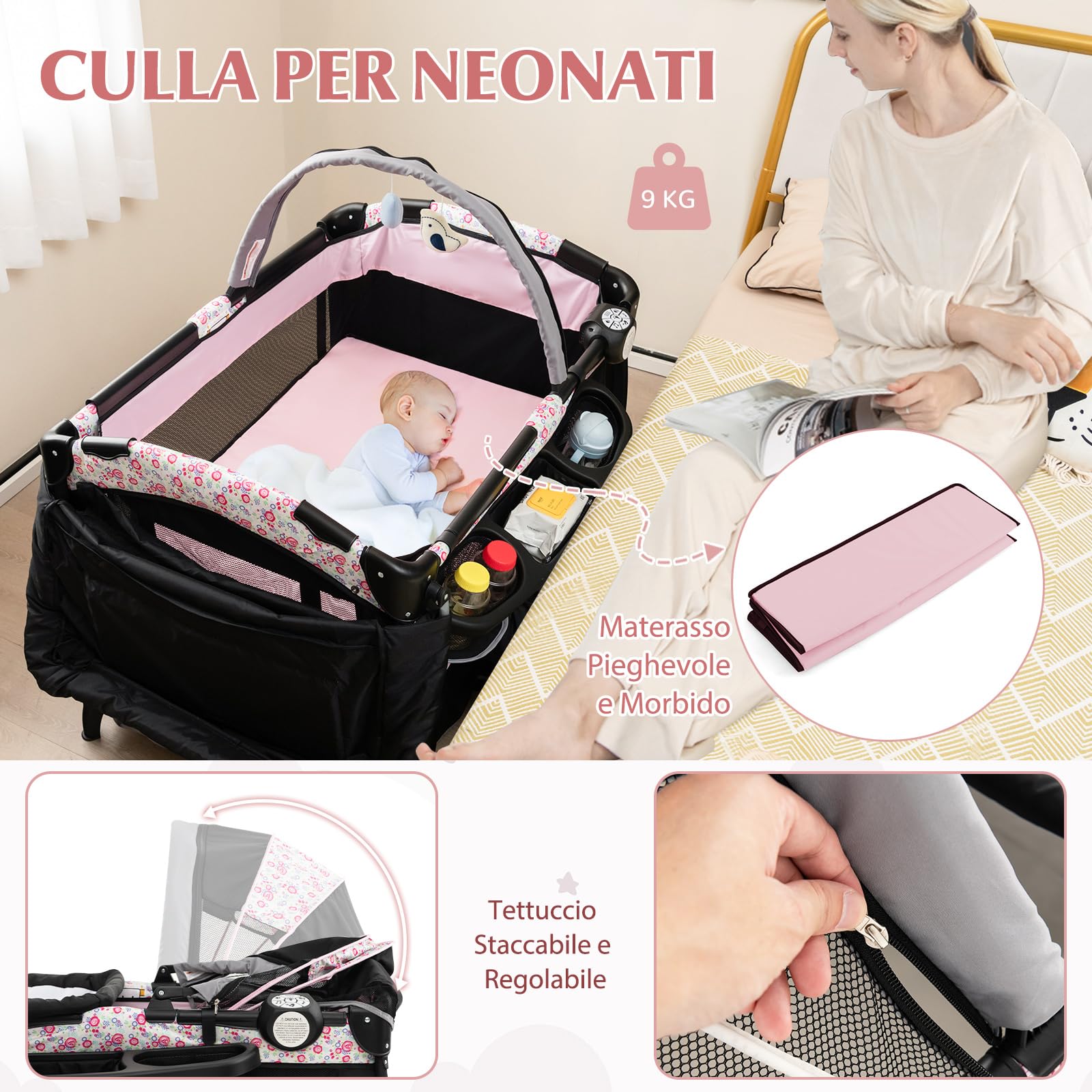 RELAX4LIFE 4 in 1 Lettino Neonato da Campeggio, Culla Next to Me con Fasciatoio, Culla Neonato Fianco Letto, Ruote Bloccabili e Borsa per il Trasporto, per Bambini 0-36 Mesi (Nero+Fiore)