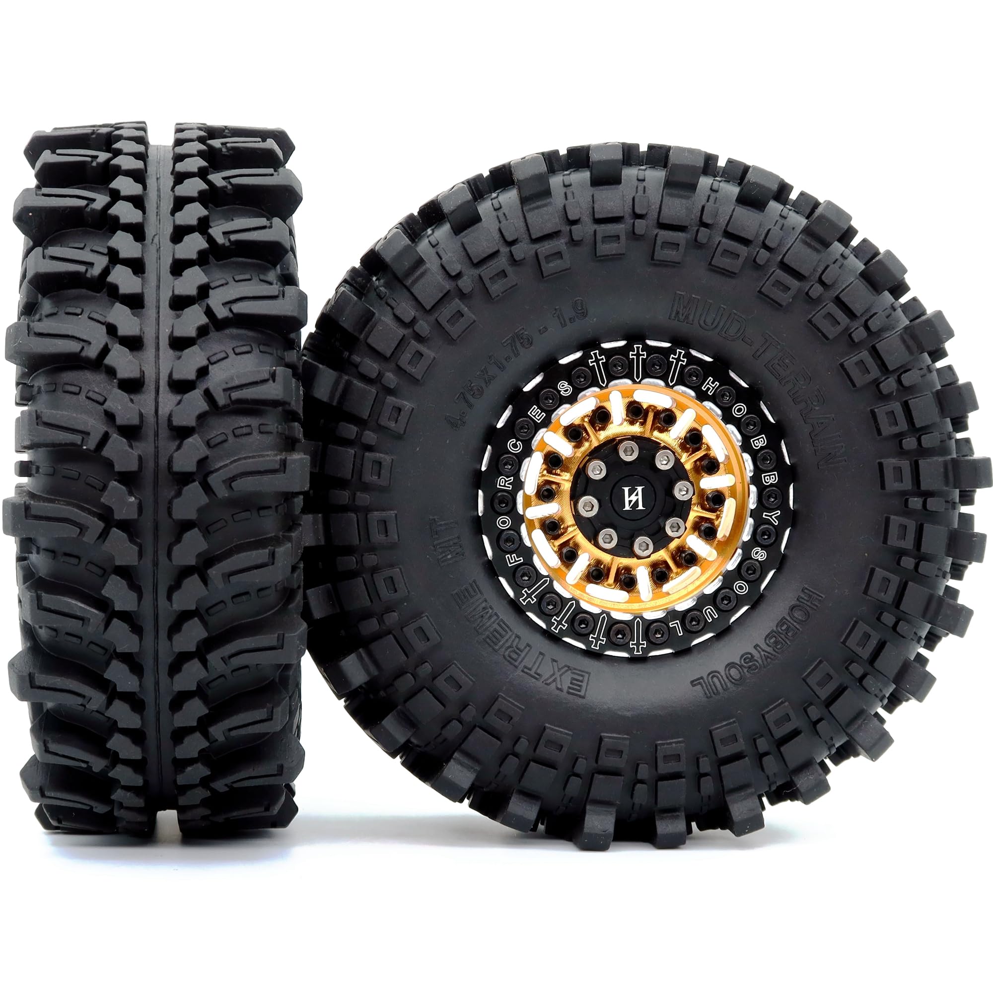 HOBBYSOUL Pneus RC 1.9 de 121 mm de haut et jantes Beadlock 1,9 dorées et noires, décalage négatif 5 mm, roues et pneus Beadlock 1/10 pour Mud Crawler SCX10 TRX4 Gen8, (lot de 4, assemblé)