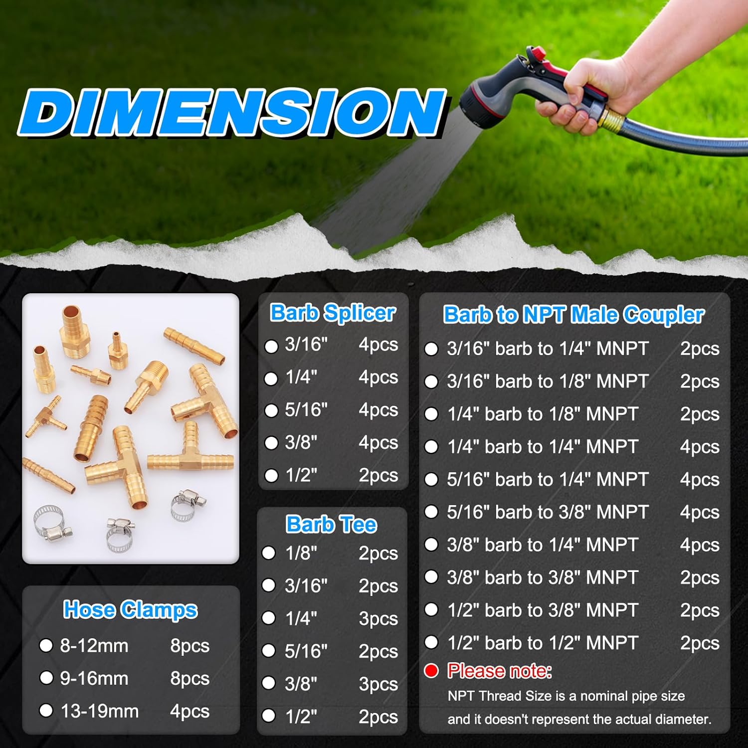 KOOTANS 80pcs Brass Hose Barb Fittings Kit 1/8" 3/16" 1/4" 5/16" 3/8" 1/2" Barb to Male NPT Thread Air Hose Fitting, Barbed Splicer and Tee with Clamps Water Fuel Air Line Connector Fittings