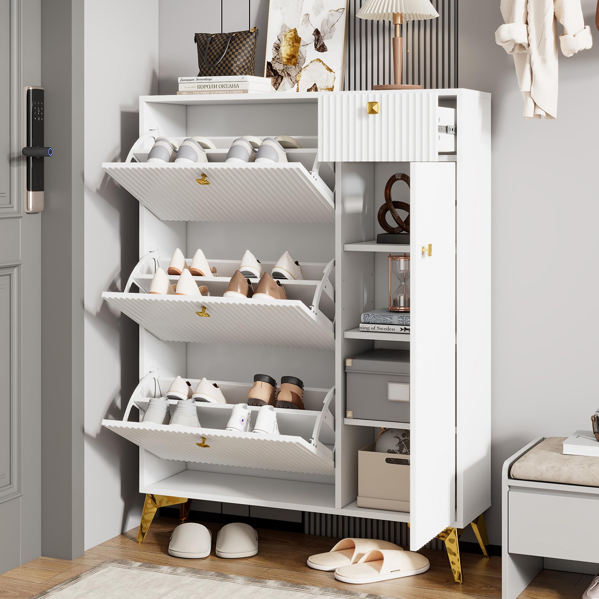 Zapatero de 3 puertas blanco mueble auxiliar de 121x90x25 cm