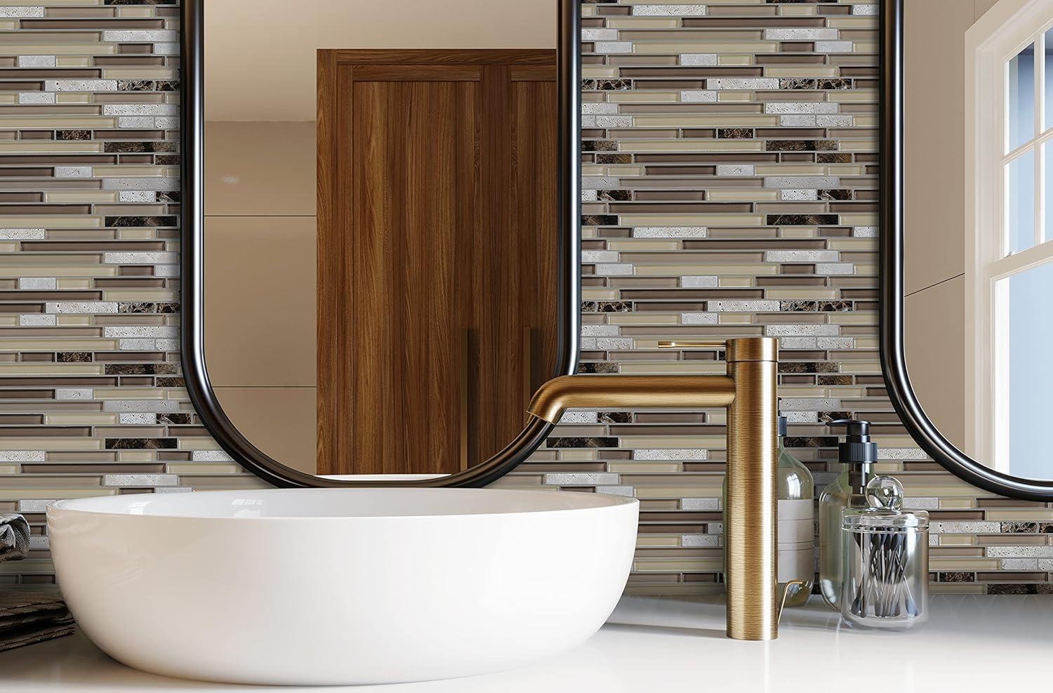 5 Sheets Glass and Stone Mosaic Tile for Kitchen Backsplash, Bathroom Shower Wall, Etc, Horizon Collection, Mixed Strips, 12"X12"X5/16 (Set of 5 Sheets, GM 2203 - Chocolate)