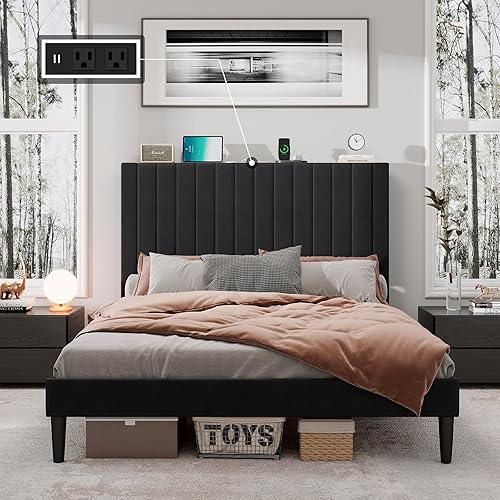 Miniatura 10 de Base de cama tamaño Queen tapizada en terciopelo con estación de carga, soporte de listones de madera, base de colchón, somier opcional, color blanco