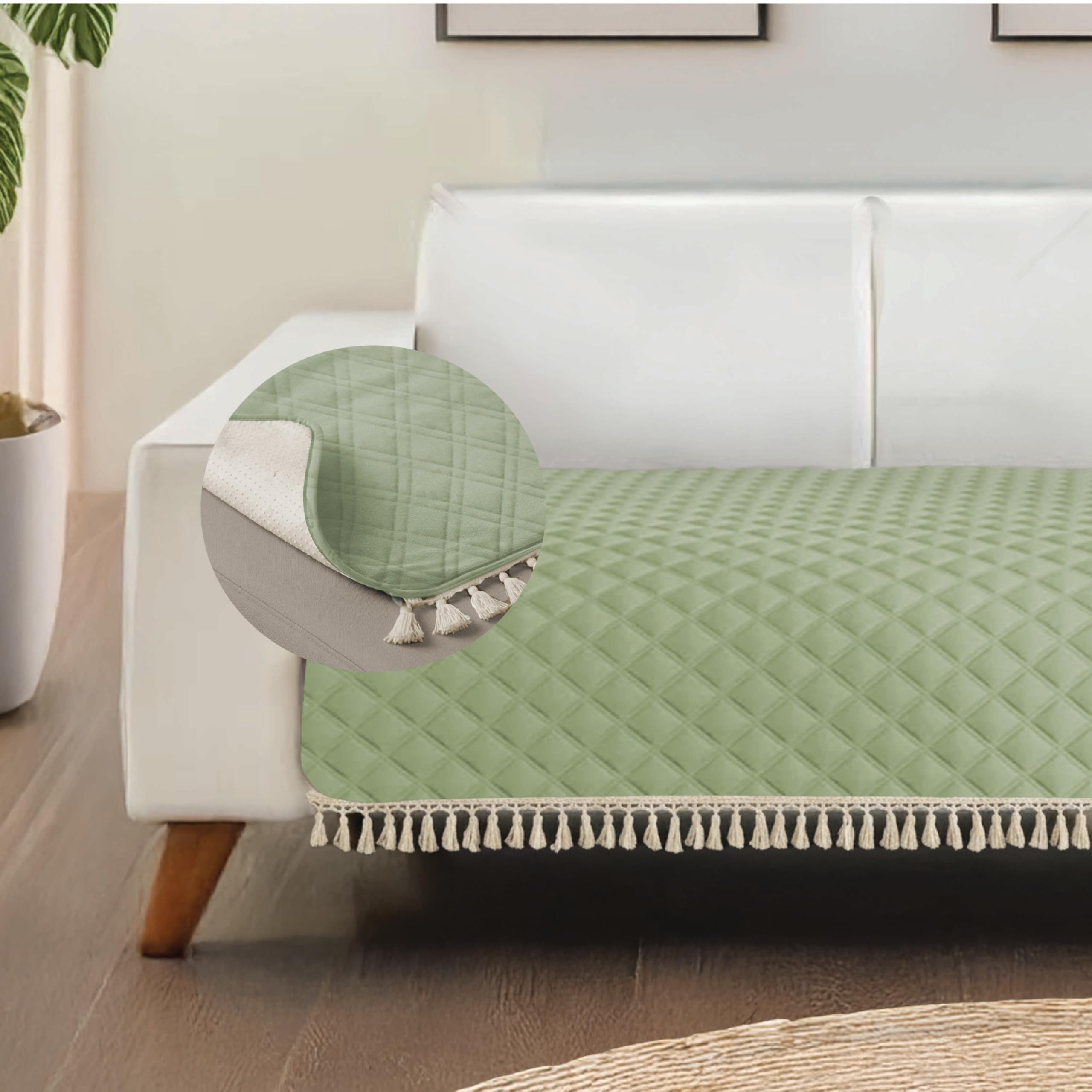 Urban Space 2 Seater Quilted Sofa Cover mat with Tassels, Easy Care & Machine Washable Cover, Anti-Slip Backing Sofa Seat Runner for Couch for Living Space (2 Seater - Sage Green)-image-20