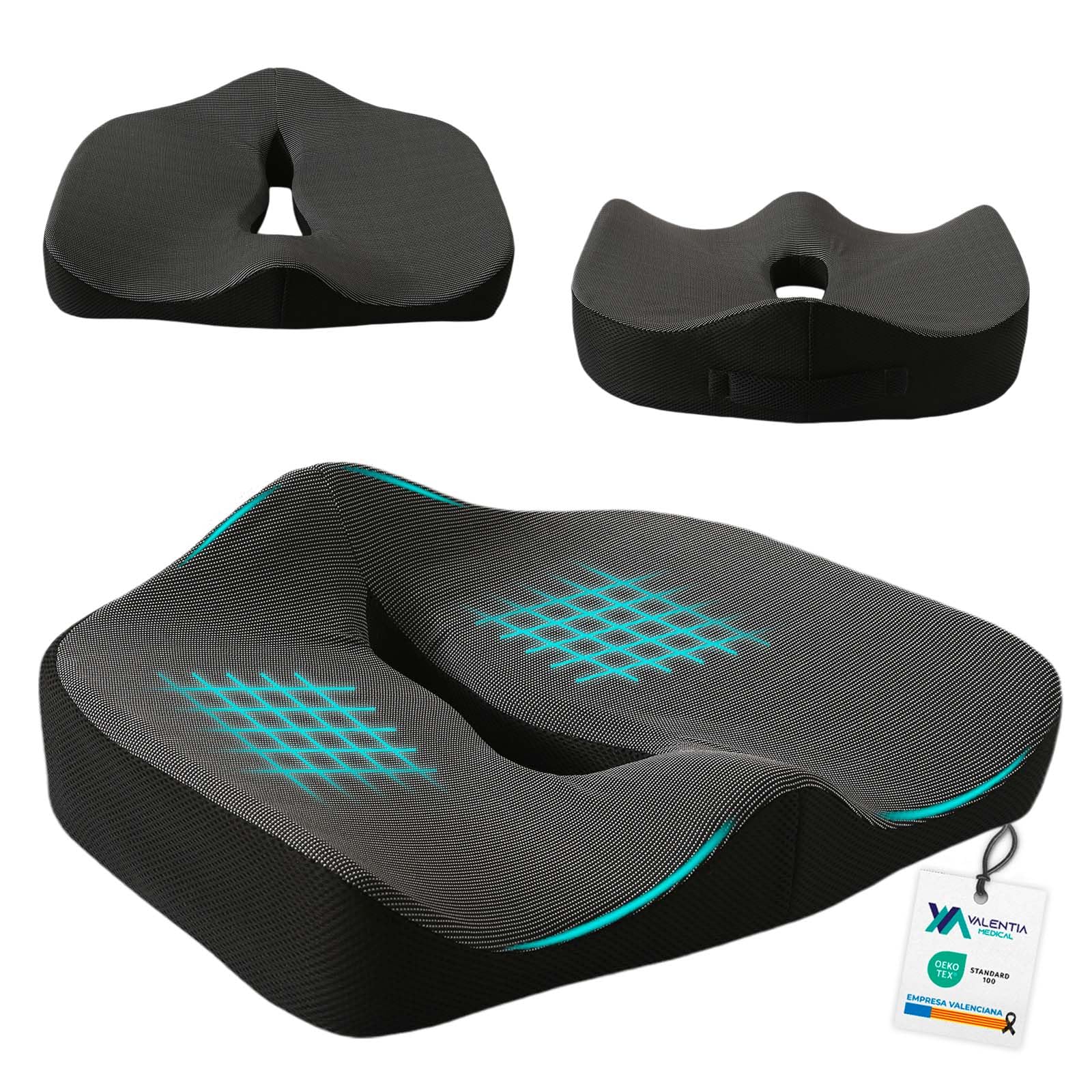 VALENTIA MEDICAL – Cojin Coxis Ortopedico Viscoelástico – Cojin Antiescaras Ergonómico, Cojin Silla Oficina, Silla de Ruedas, Coche, Silla Gaming - Funda Lavable - Alivio presión de Cadera y Coxis