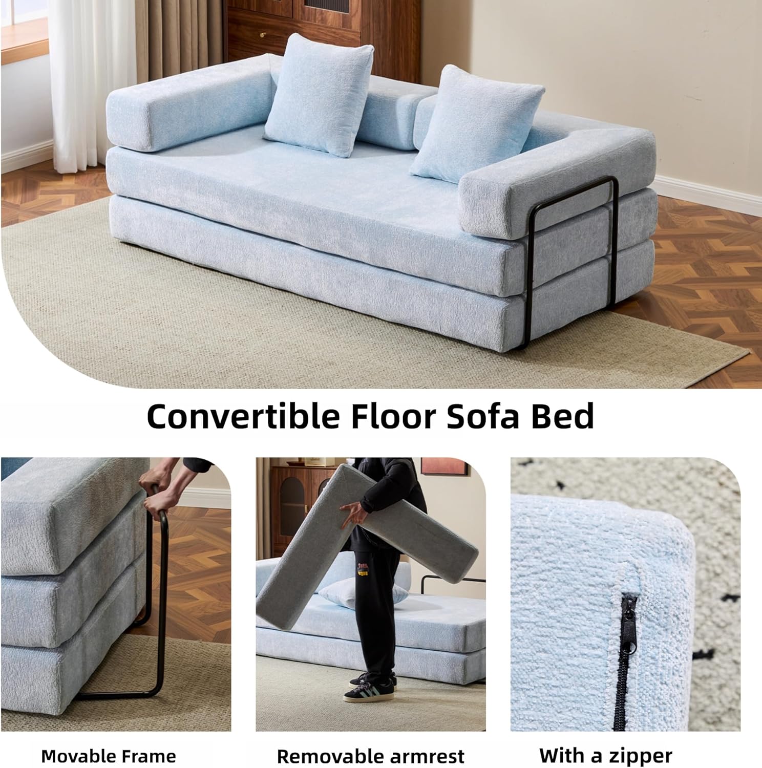 Convertible Floor Sofa Bed, Fold Out Floor Couch with Pillow Back & Armrest, Compressed Couch with Fixed-Shape Frame, Chenille Foldable Sleeper Sofa Bed for Living Room Bedroom, Light Blue