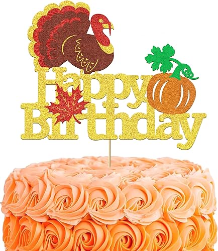 Decoración de pastel de cumpleaños de Acción de Gracias, decoración de cumpleaños de pavo para niños y niñas, calabaza con purpurina, hojas de arce,