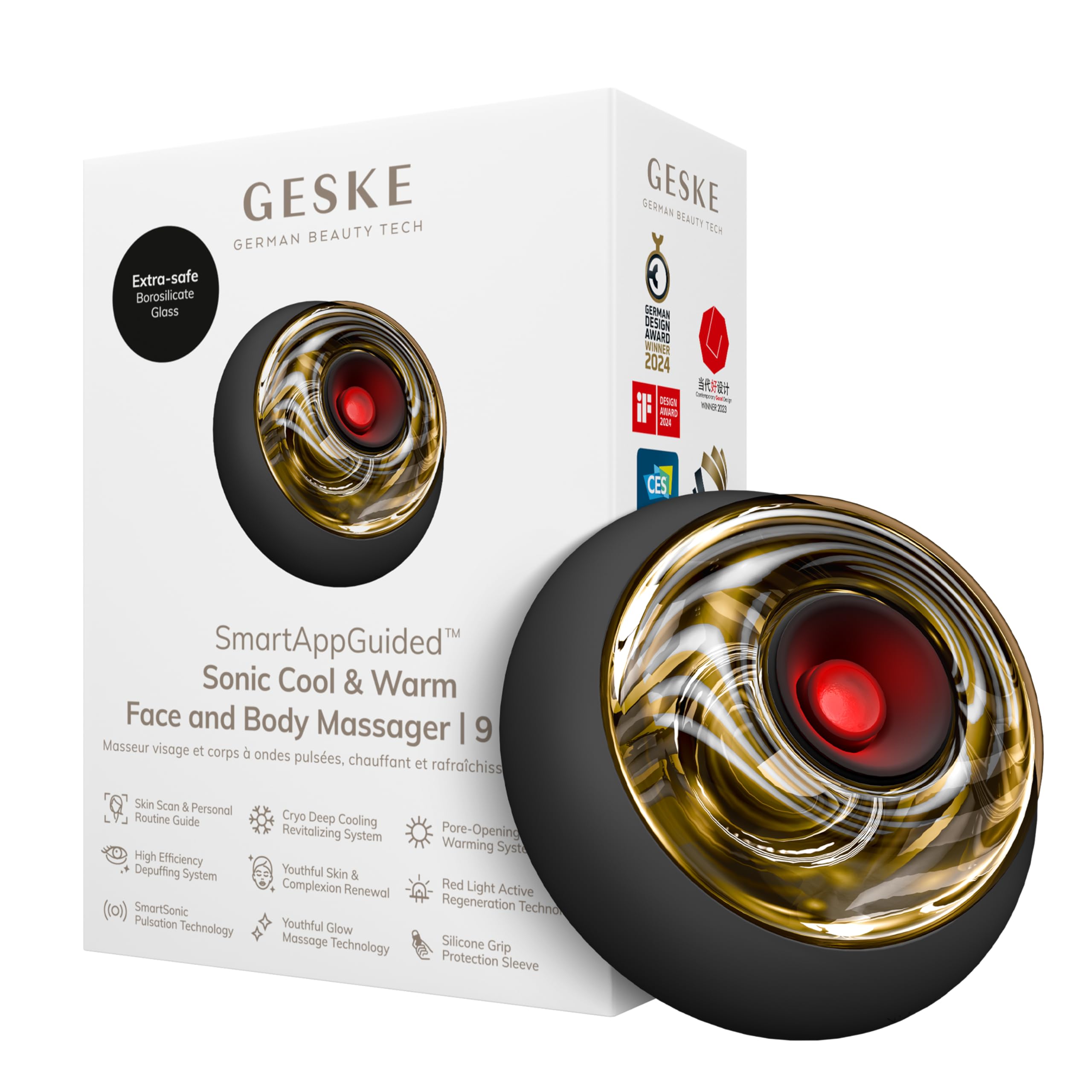 GESKE Sonic Cool & Warm Face & Body Massager 9 in 1 Massaggiatore | SmartAppGuided™ | Viso/corpo | Raffreddamento e riscaldamento senza batteria | Rassoda, rilassa e sgonfia | SmartSonic
