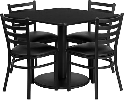 Flash Furniture Jamie - Juego de mesa cuadrada laminada negra de 36 pulgadas con base redonda y 4 sillas de metal con respaldo de escalera, asiento