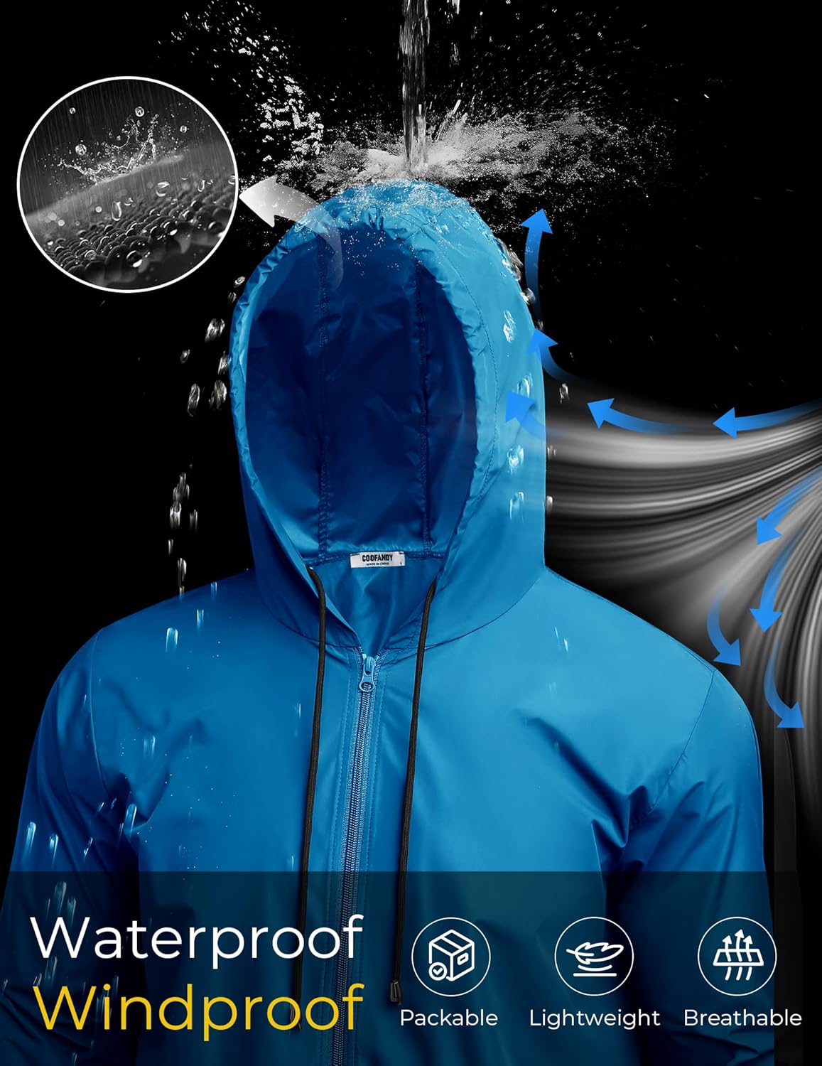 COOFANDY Mens Packable Rain Jacket Lightweight Waterproof Raincoat with Hood Outdoor Rain Gear Travel Hiking Cycling - Image 5