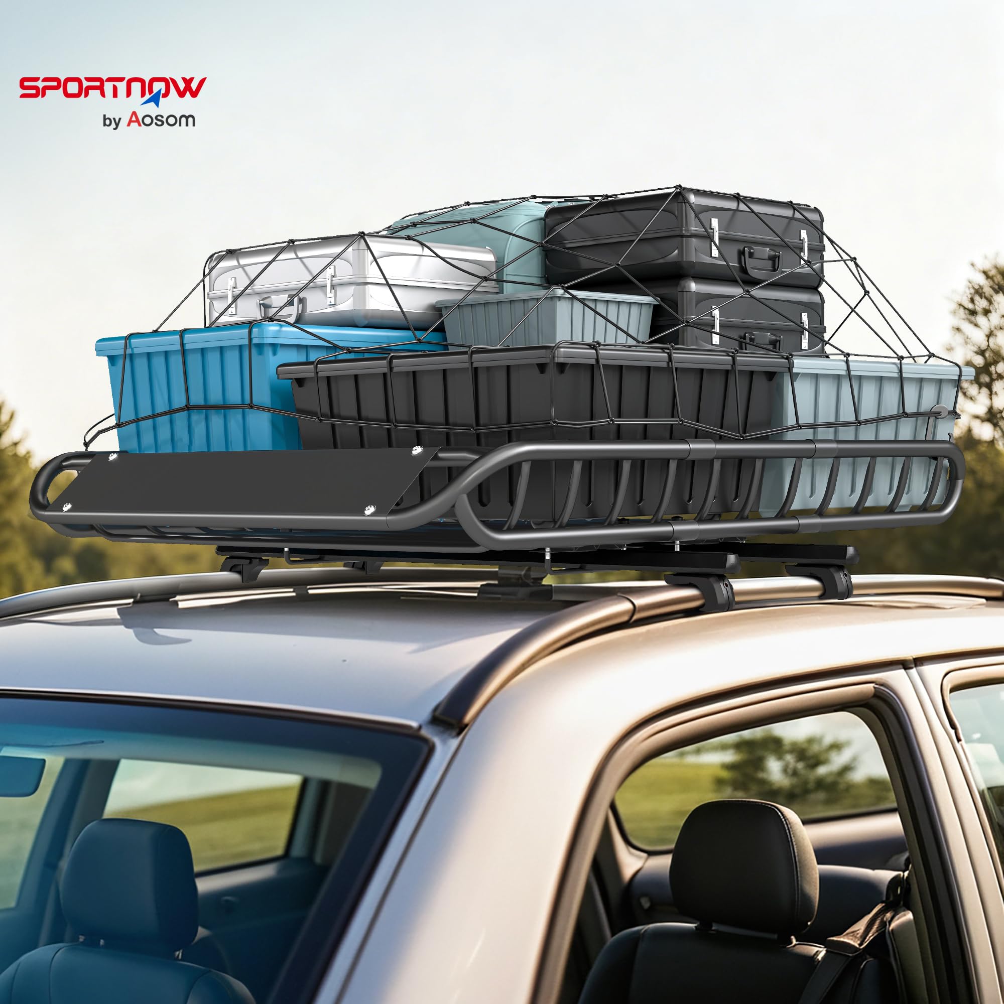 SPORTNOW Dachgepäckträger Universal Dachkorb mit Windschutz bis 68 kg, Rostfrei Auto Gepäckträger aus Stahl, Dachträger Gepäckkorb für SUV Trucks, 116 x 92 x 11,5 cm, Schwarz