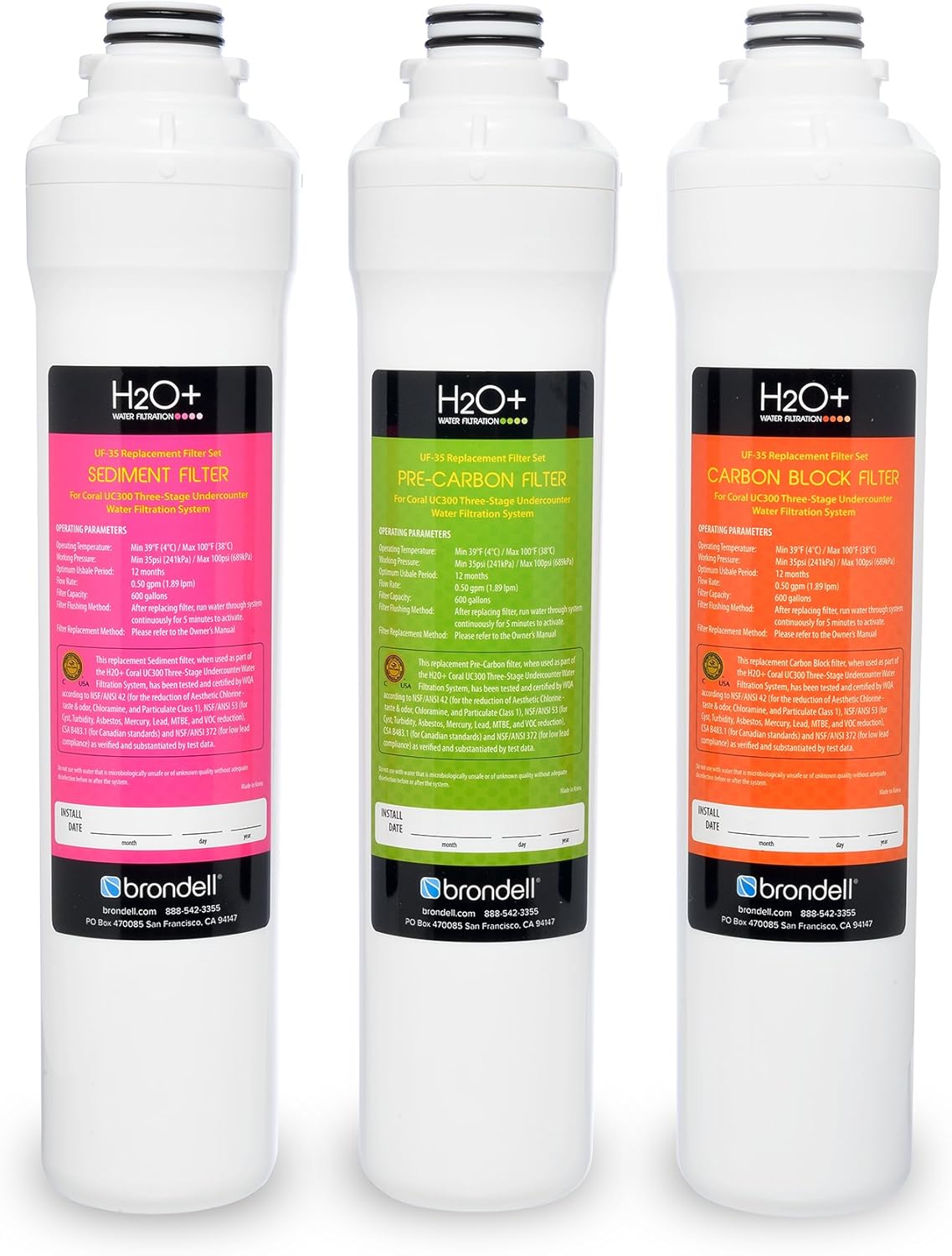 Brondell H2O+ Coral Three-Stage Carbon Block Replacement Water Filter Set (UF-35)