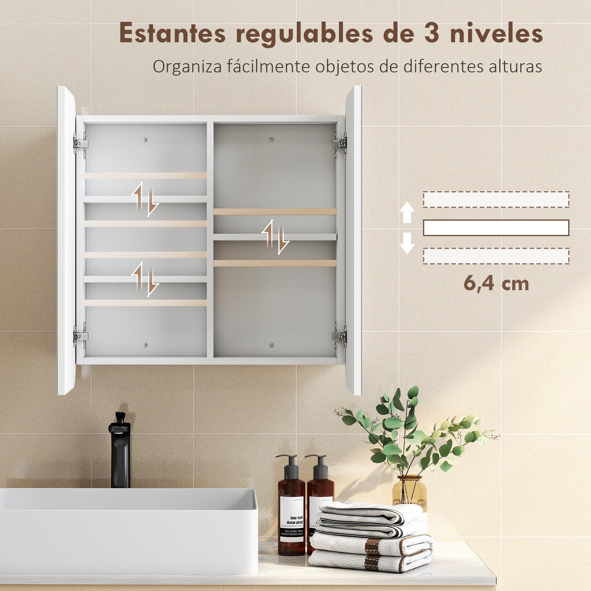 HOMCOM Armario de Baño con Espejo, Diseño con Bordes Curvados, Armario de Pared, Mueble de Baño Colgar, 2 Puertas, Estantes Ajustables, 68x13x66 cm, Blanco