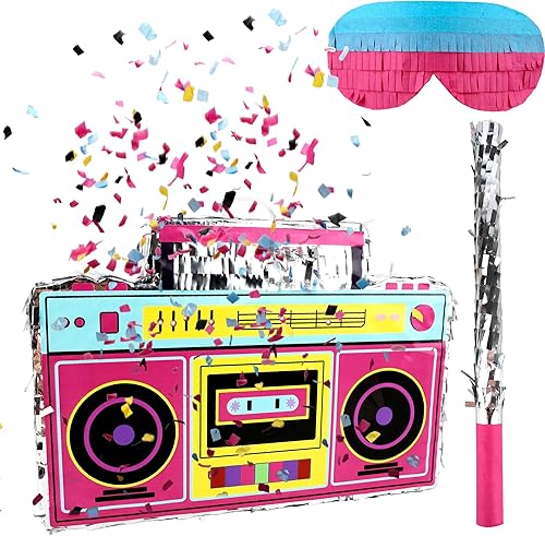 Juego de 4 piezas de radio Boombox de los años 80 y 90, incluye boombox para piñata y palo de murciélago, confeti de color para nostalgia de los